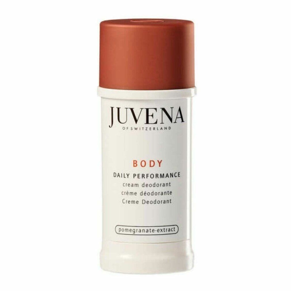 Weißer Deostift mit braunem Deckel. Aufschrift: Juvena of Switzerland. Produktbezeichnung: Body Daily Performance Cream Deodorant.