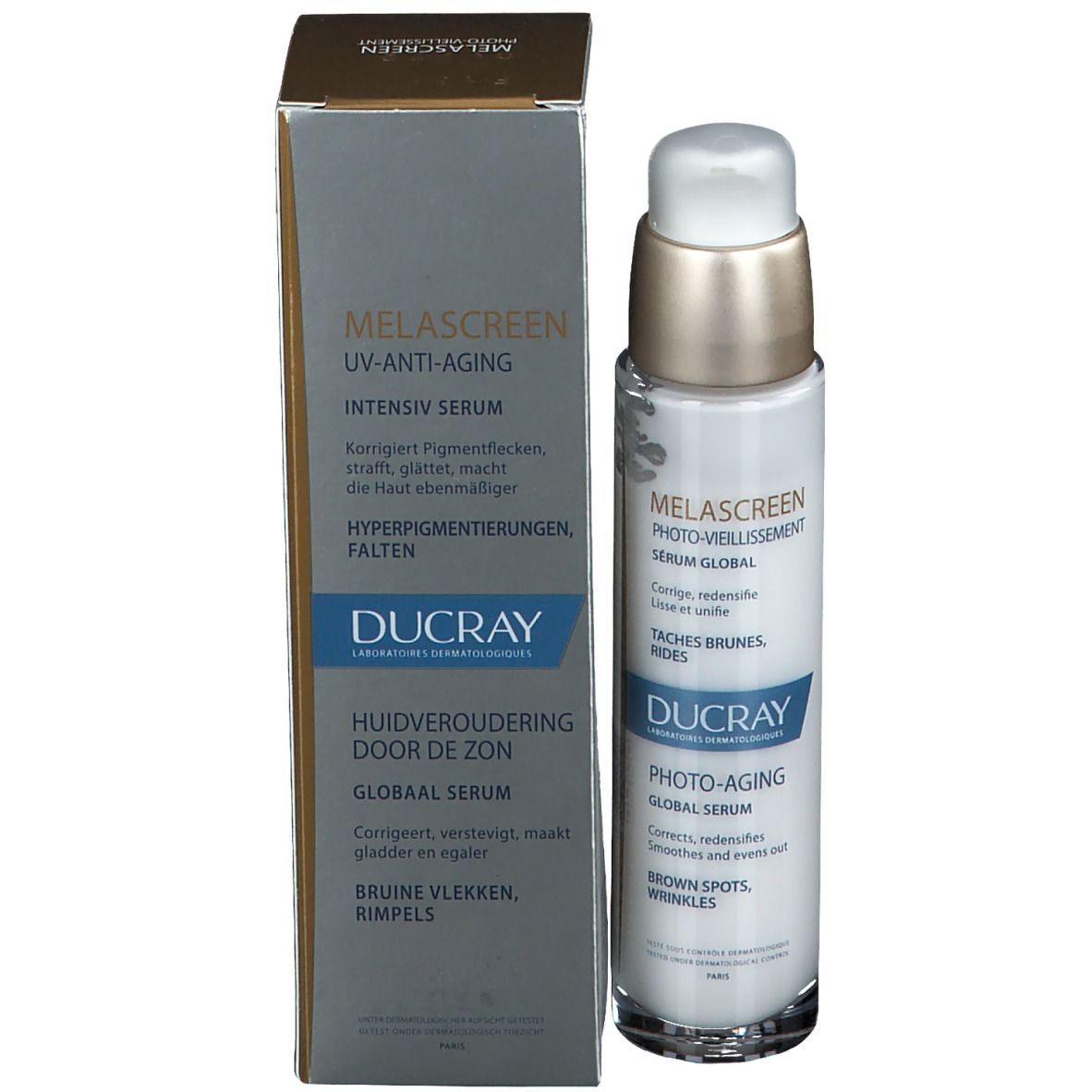 Emballage produit avec flacon et boîte. Inscription : MELASCREEN, UV-Anti-Âge, Sérum Intensif. Fermeture dorée.