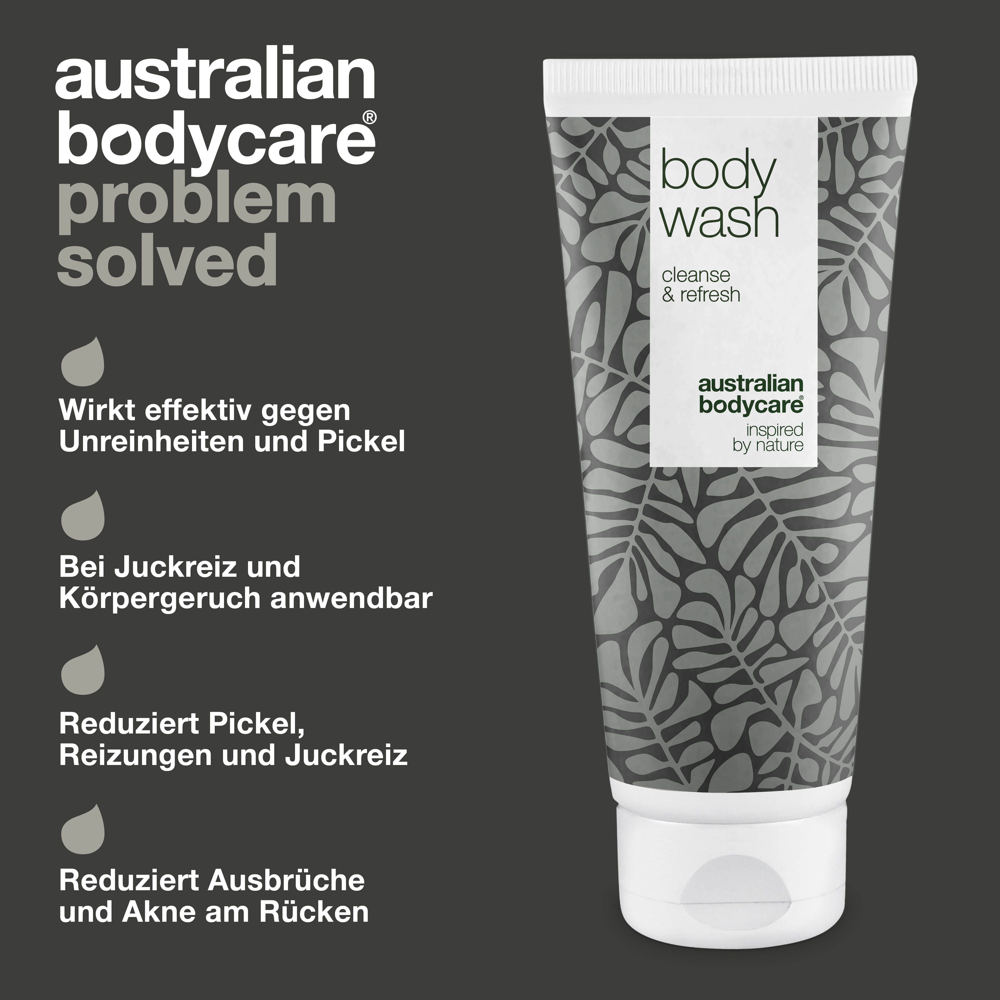 Tuben-Produkt mit „body wash“ Aufschrift. „Australian Bodycare“ Logo. Zitat und Sterne.