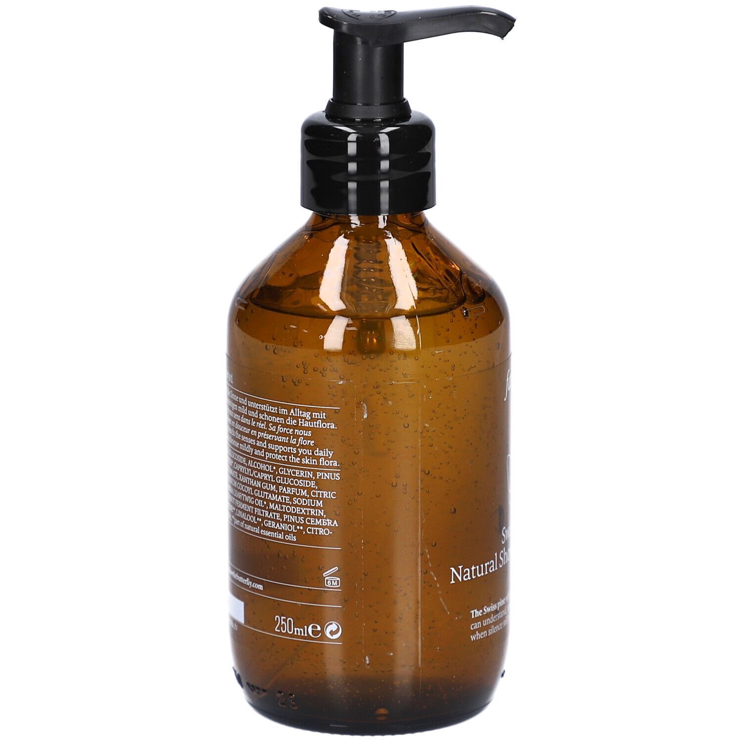 Braune Flasche mit schwarzem Pumpkopf. Rückseite mit Text und Inhaltsstoffen. 250ml.