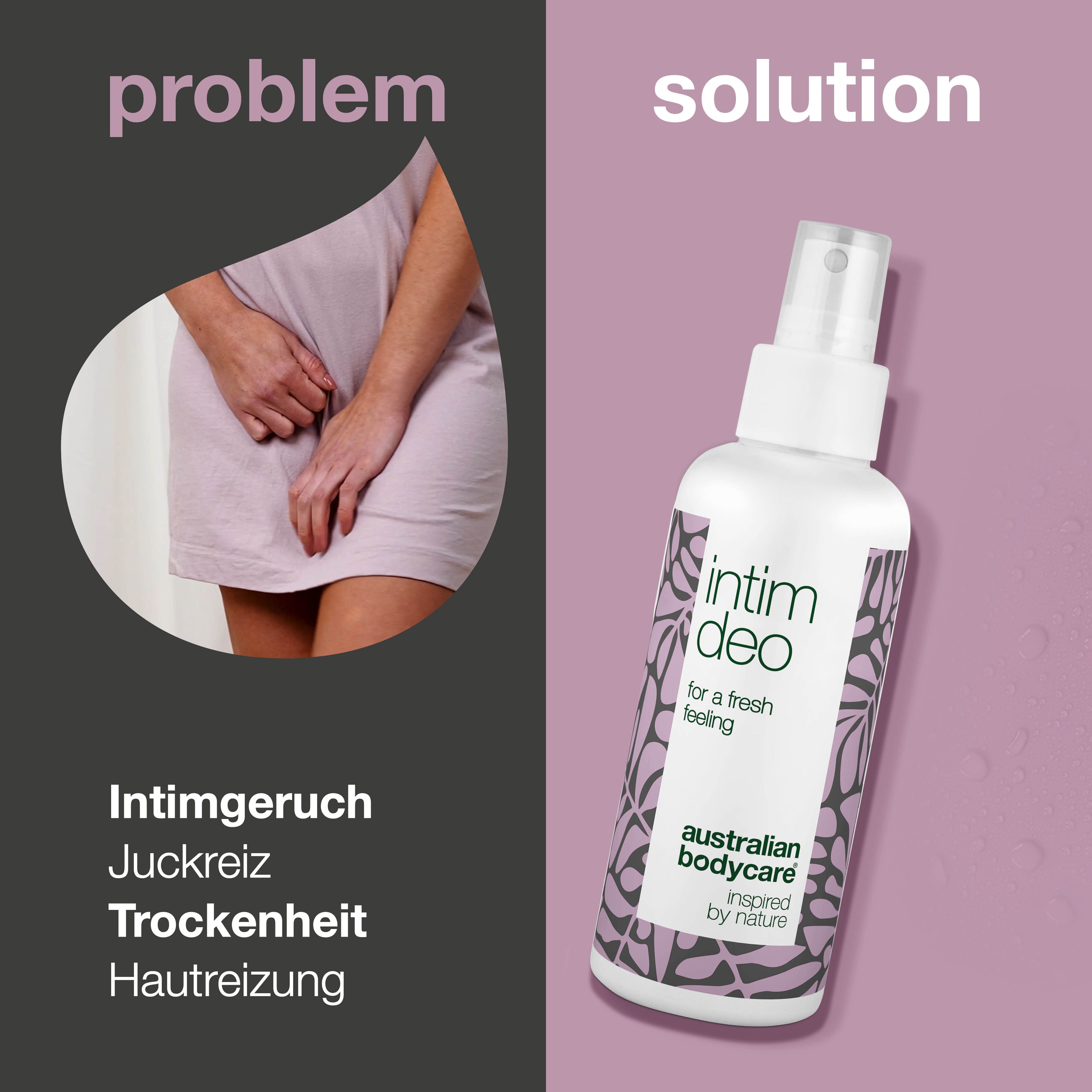 Intimdeo-Spray neben Text über vaginale Gerüche, Juckreiz, Trockenheit und Hautreizung. Produkt- und Markenname.