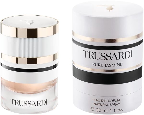 Trussardi Pure Jasmine Eau de Parfum Spray in Glasflasche mit weißem und goldenem Design.