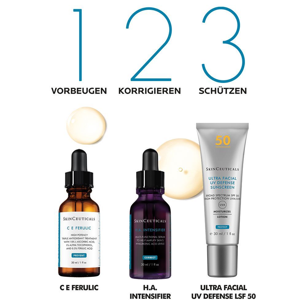 Trois produits : C E Ferulic, H.A. Intensifier et Ultra Facial Defense SPF 50. Sur fond blanc.