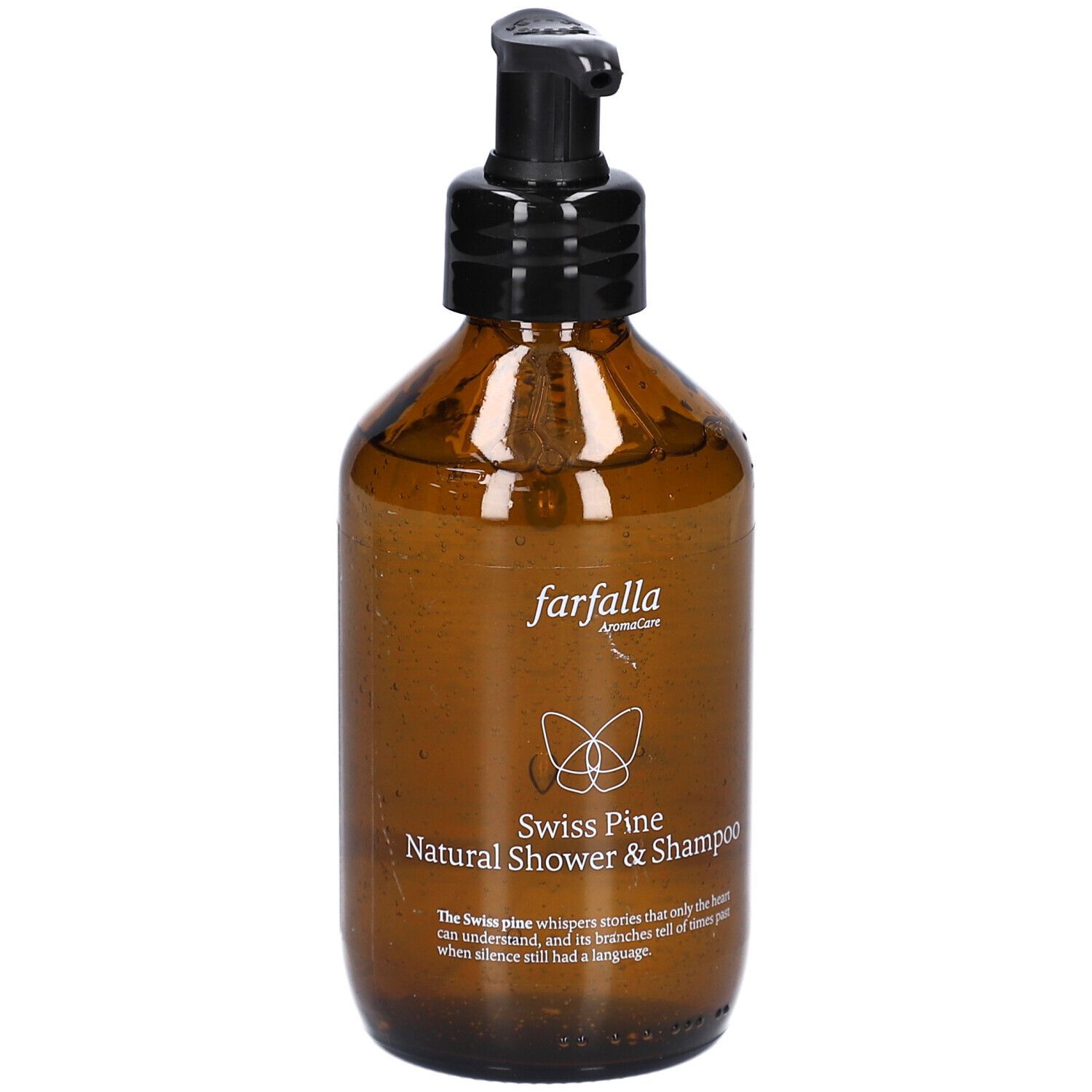 Braune Flasche mit schwarzem Pumpkopf. Beschriftung: Farfalla, Swiss Pine Natural Shower & Shampoo.