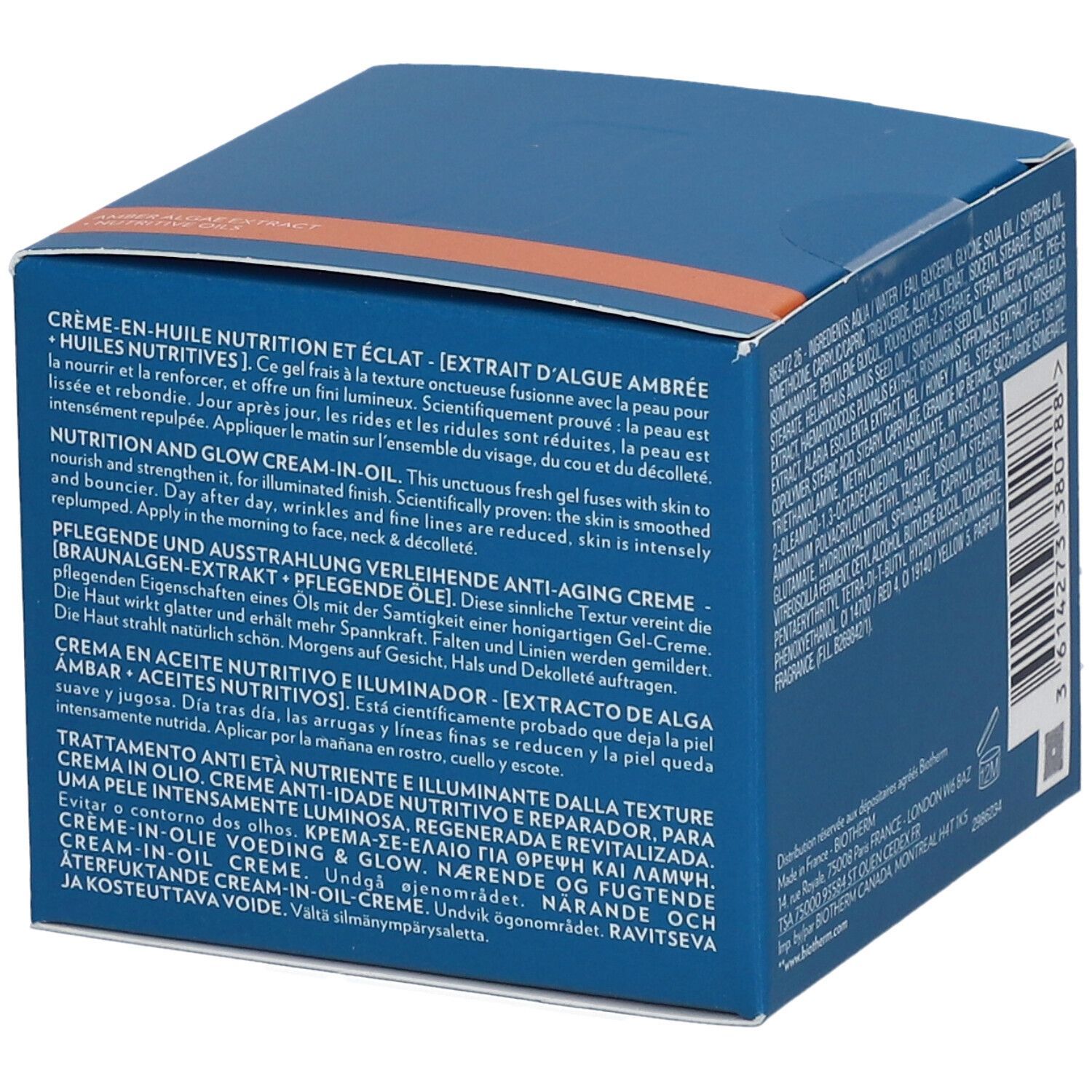 Boîte bleue avec informations produit. BIOTHERM Blue Therapy Revitalize Cream-In-Oil. 50 ml.