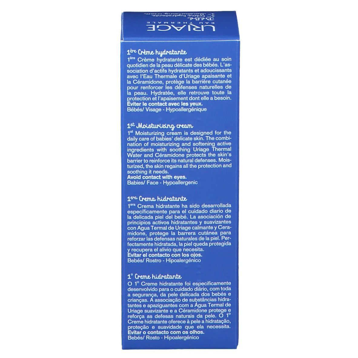 Boîte pliante bleue avec texte multilingue. Contient des informations sur le produit et les ingrédients.