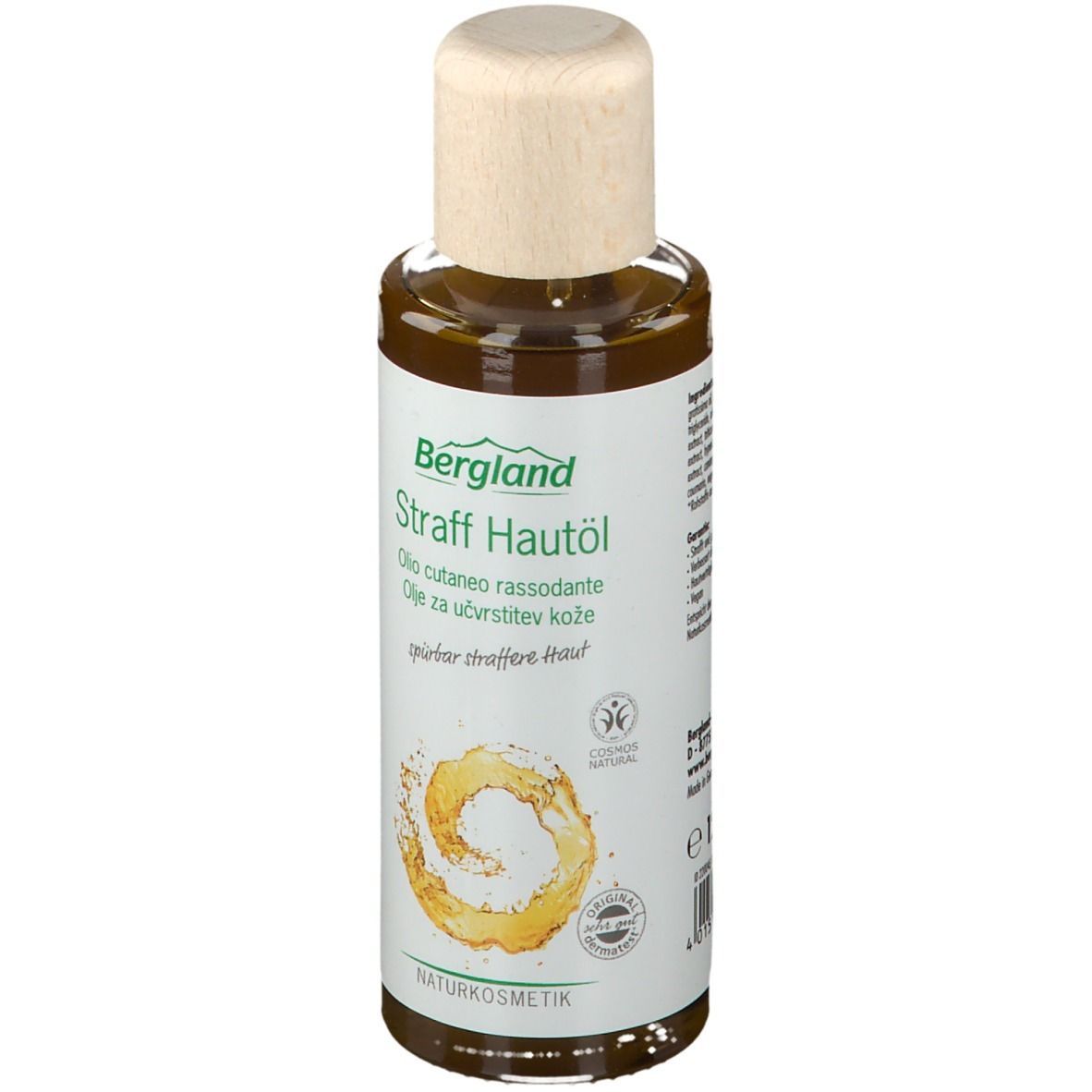 Flacon Bergland Straff Hautöl. Étiquette blanche avec nom du produit et logo. Bouchon couleur bois.