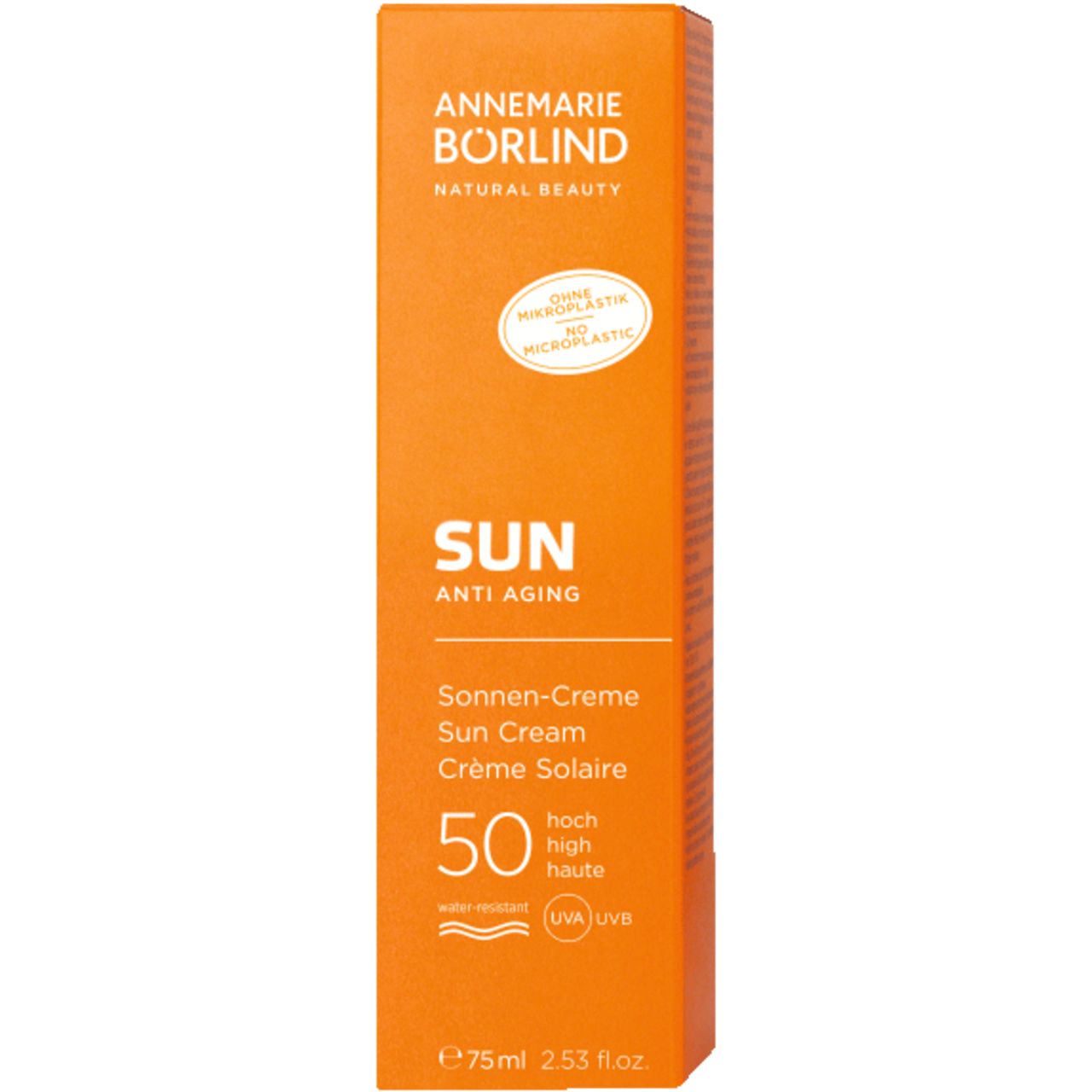 Orange Tube Sonnencreme. Text: ANNEMARIE BÖRLIND SUN Anti-Aging, LSF 50. Wasserfest. 75 ml.