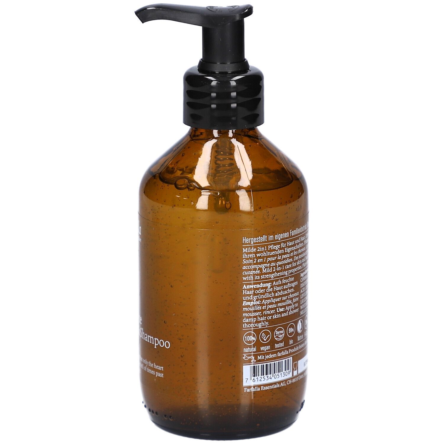 Braune Flasche mit schwarzem Pumpkopf. Rückseite mit Text. Vegan, Bio-Siegel.