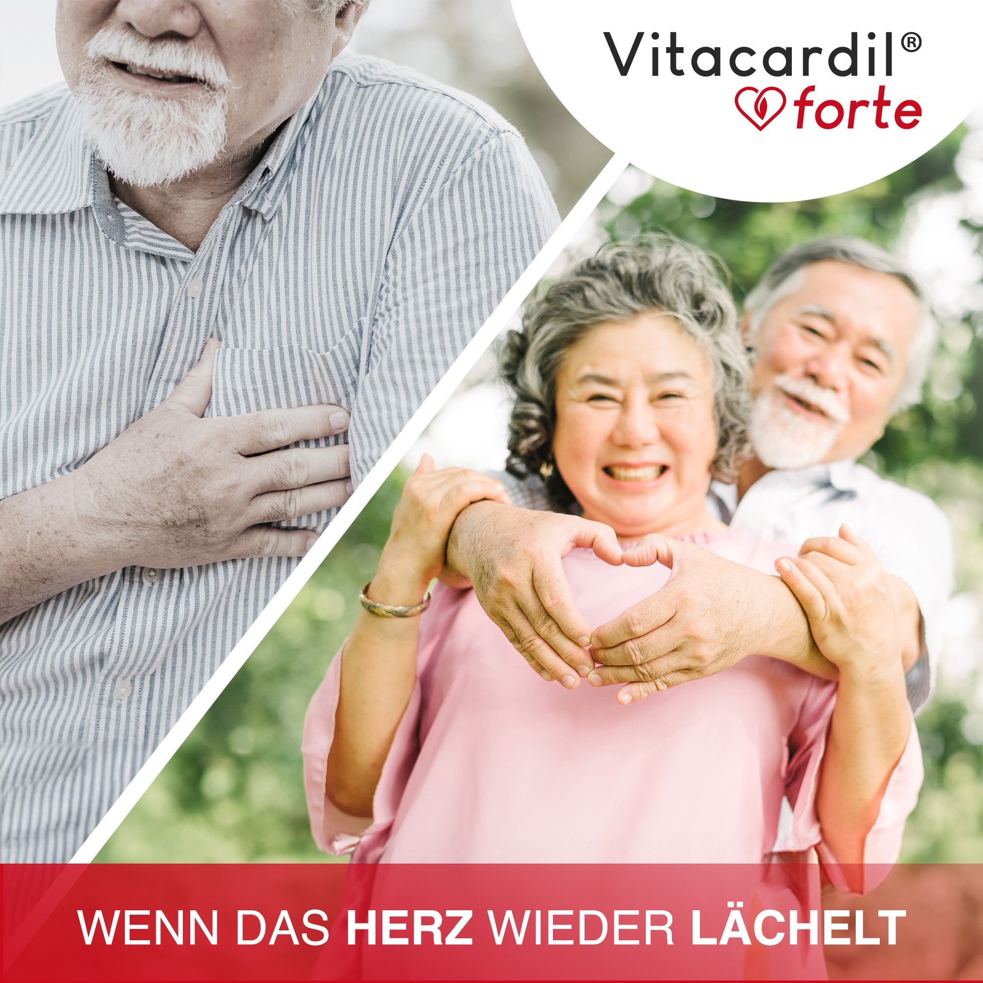 Un couple âgé forme un cœur avec ses mains. En arrière-plan, un homme avec une douleur thoracique. Le produit est Vitacardil® forte.