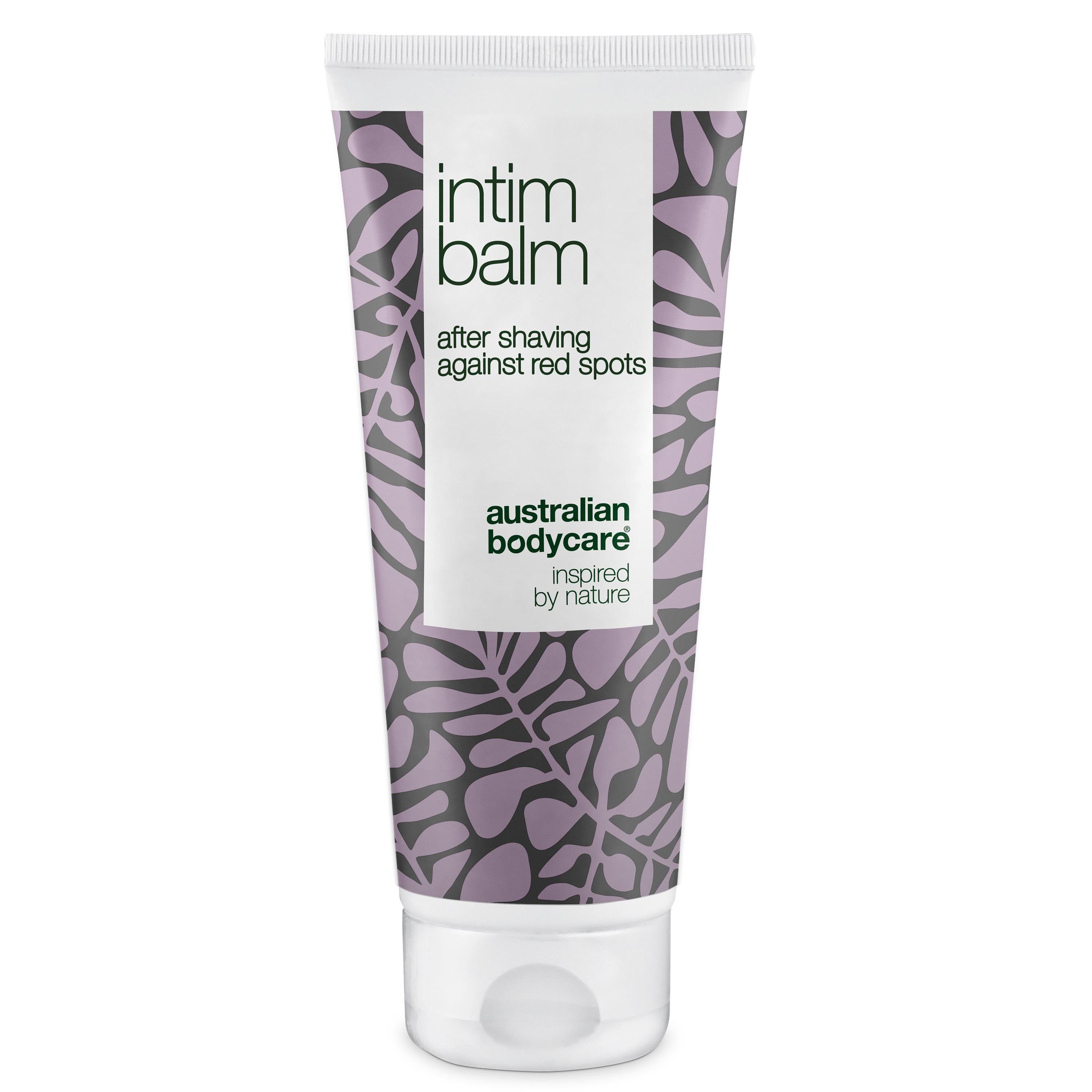 Weiß-lila Tube mit „intim balm“ Aufschrift. Marke: Australian Bodycare. Text: after shaving against red spots.