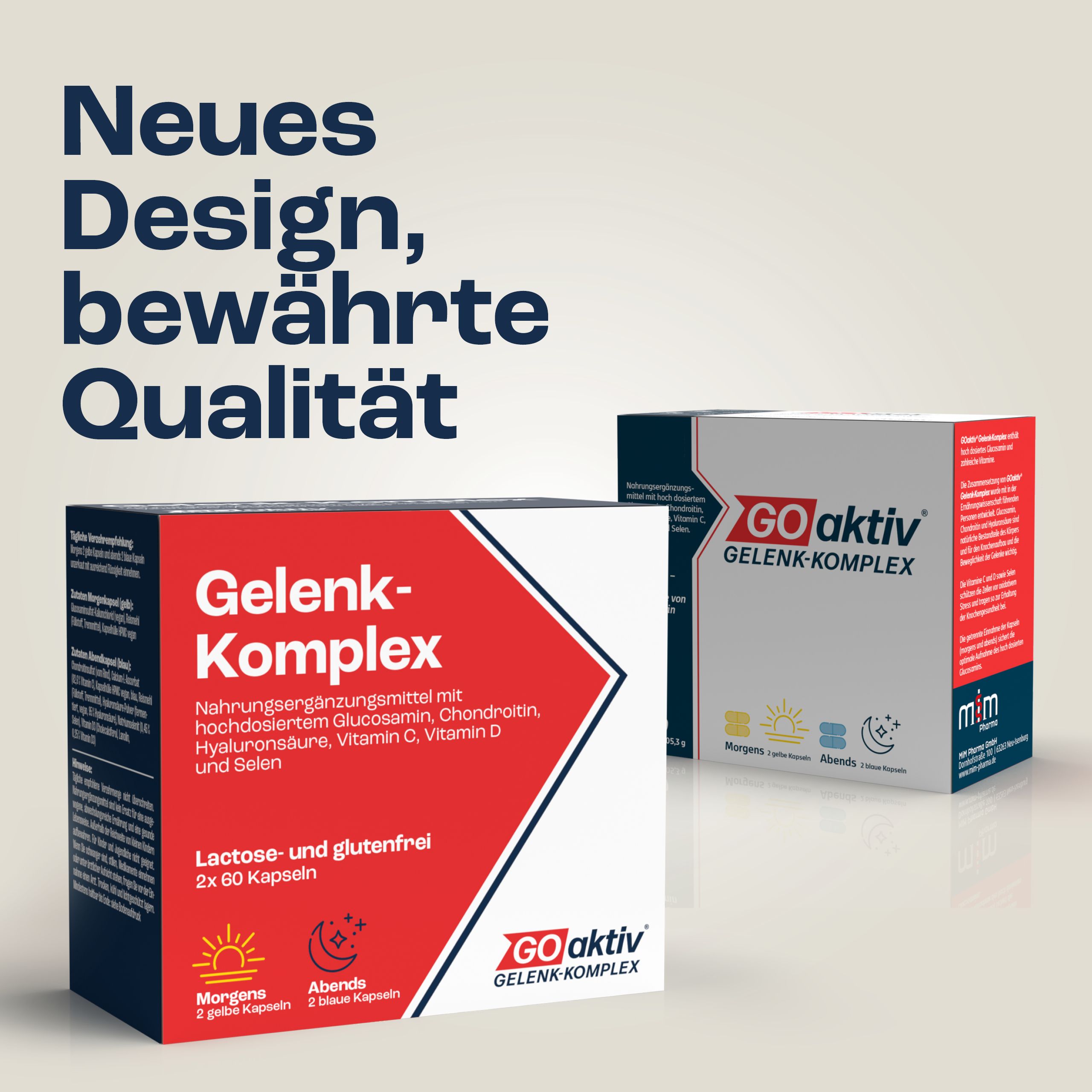 GOaktiv® Gelenk-Komplex, zwei Schachteln. Aufschrift: Gelenk-Komplex, lactose- und glutenfrei. Neues Design, bewährte Qualität.