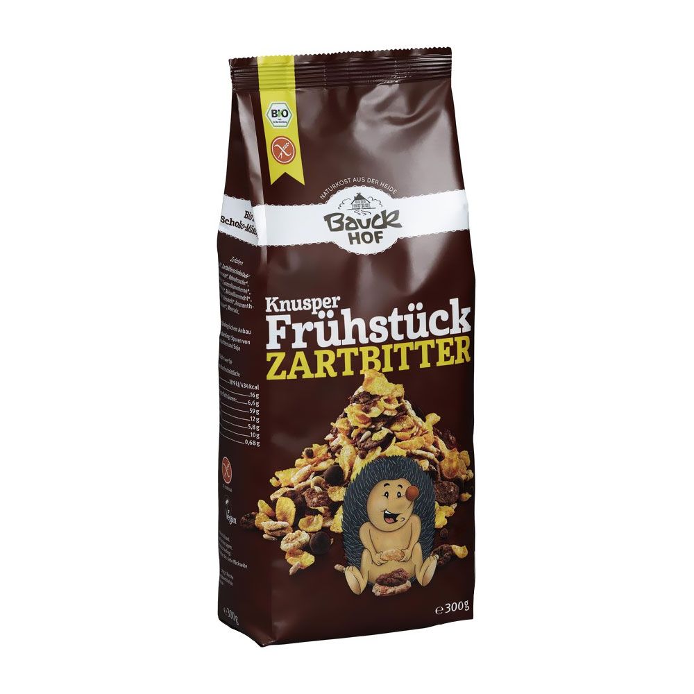 Braune Tüte mit Aufschrift "Bauckhof Knusper Frühstück Zartbitter glutenfrei". Bio-Siegel und Illustration.