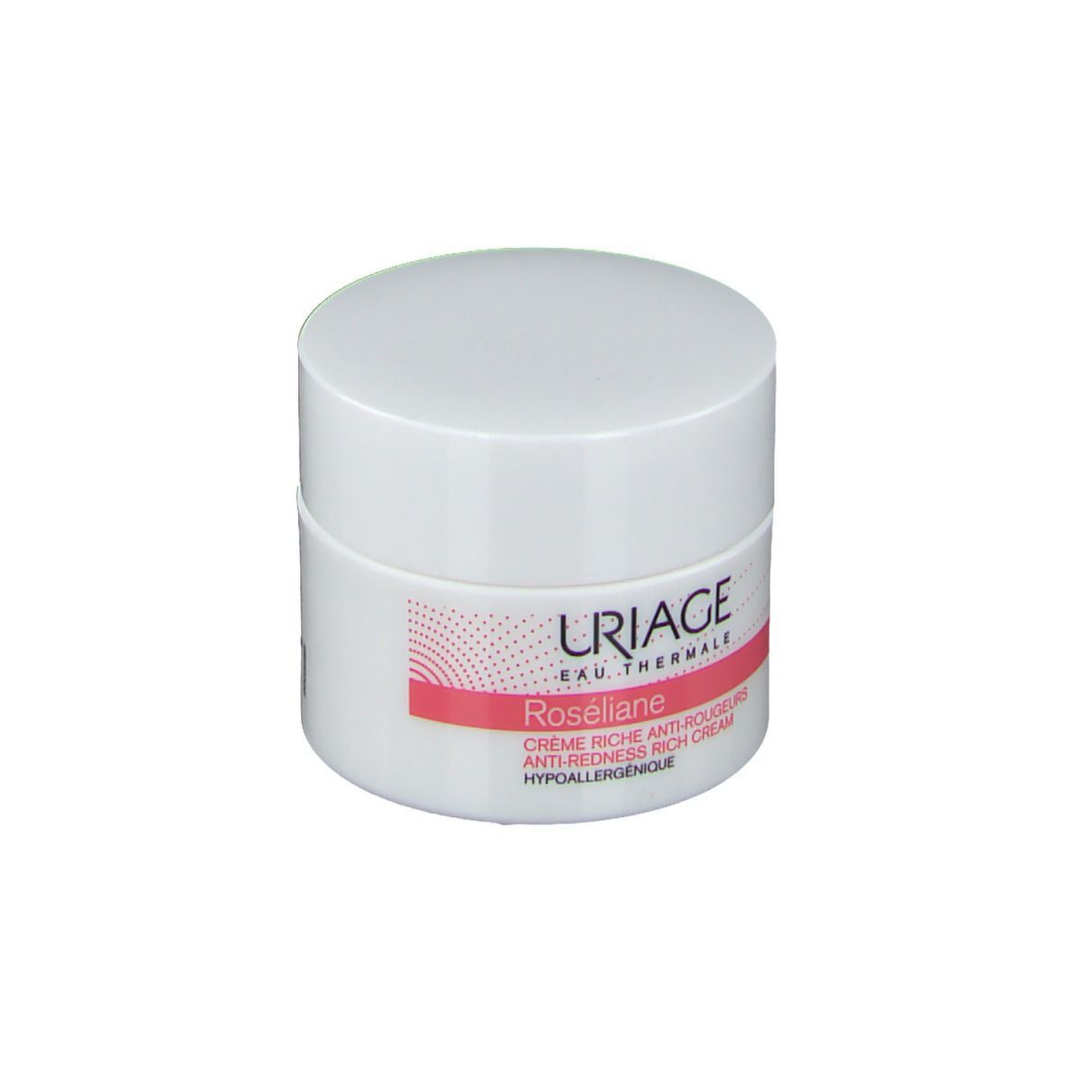Pot blanc avec bande rose et logo URIAGE. Texte: Roséliane, Crème riche anti-rougeurs. Hypoallergénique.