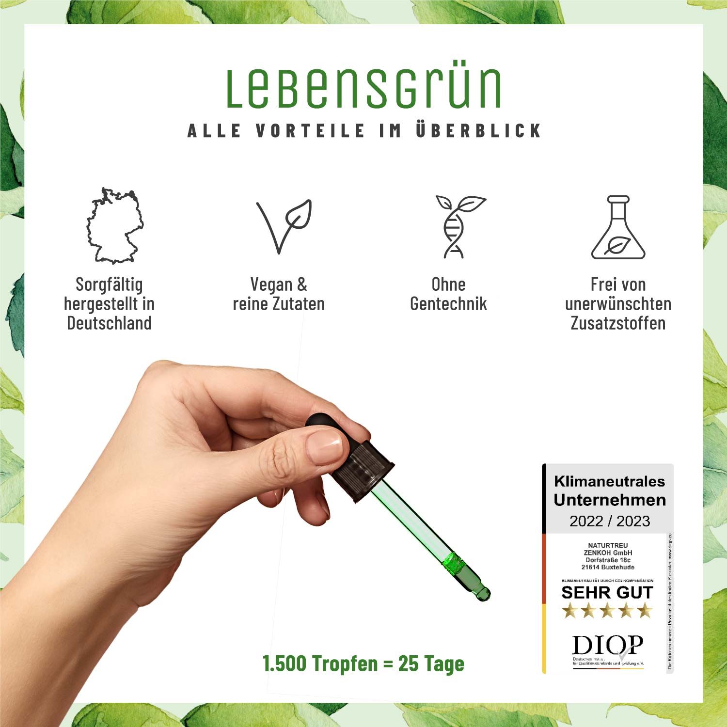 Chlorophyll Tropfen hochdosiert - Lebensgrün - NATURTREU®