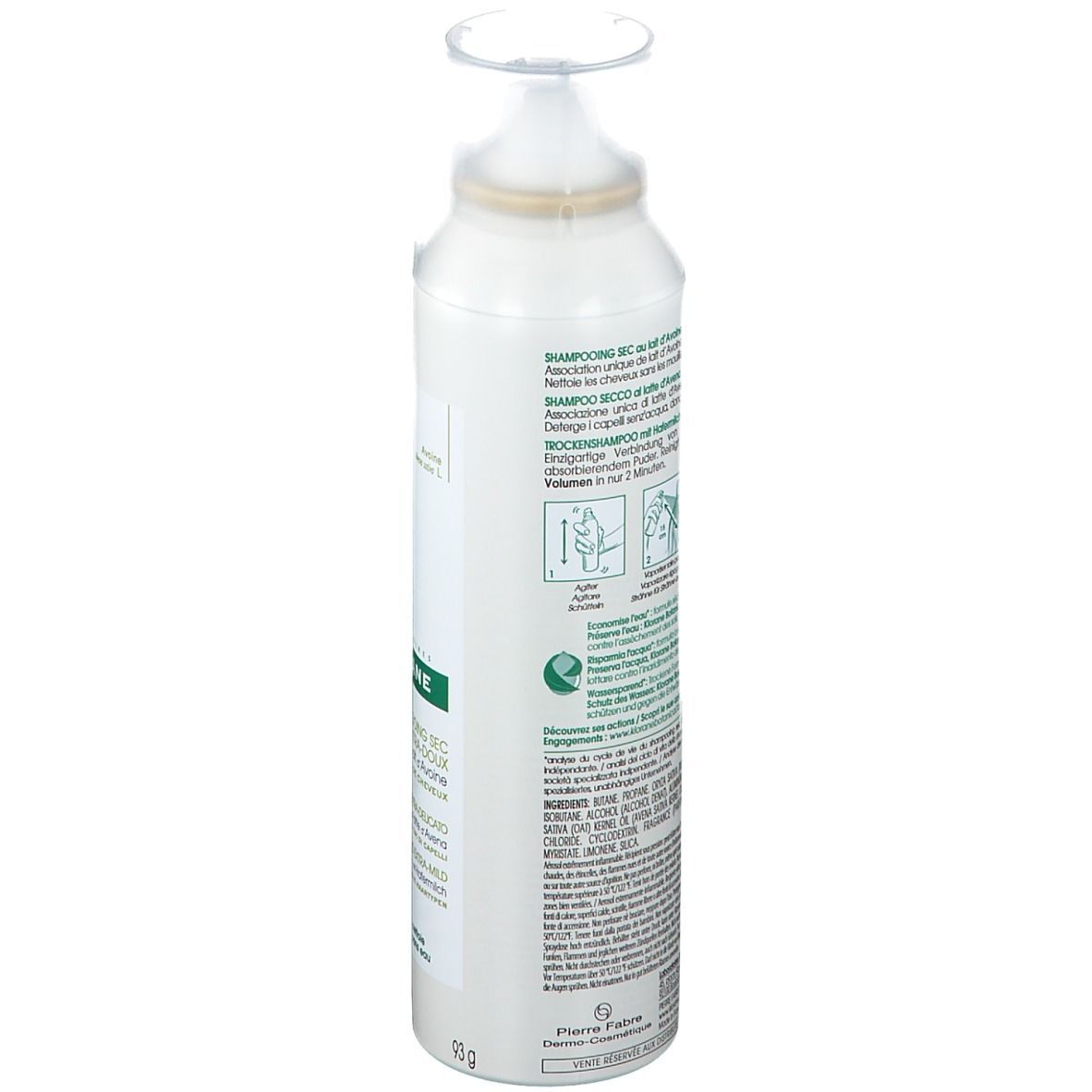 Spray blanc avec tête de pulvérisation. Texte sur l'étiquette : Shampooing sec, lait d'avoine, volume. Avec illustrations d'utilisation.
