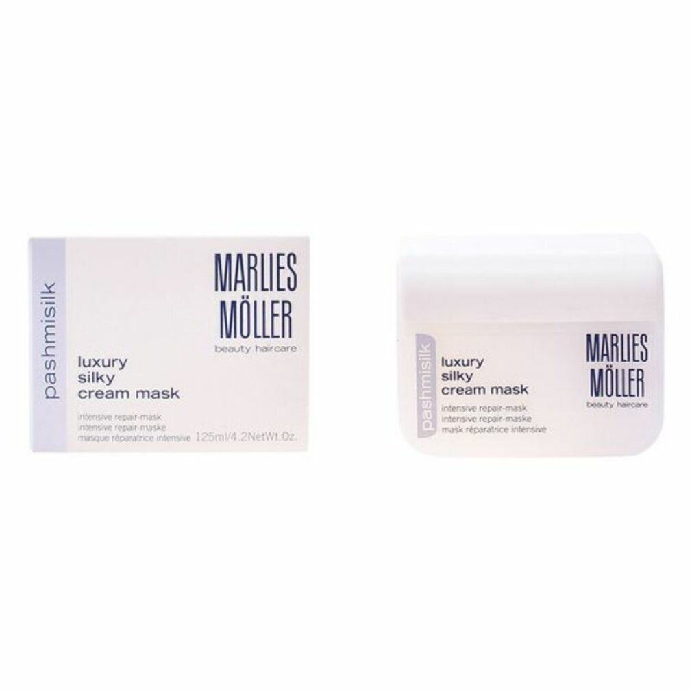 Produktverpackung und Tiegel. Aufschrift: Marlies Möller, Pashmisilk, Luxury Silky Cream Mask. Intensive Repair-Maske. 125ml/4.2Net Wt Oz.