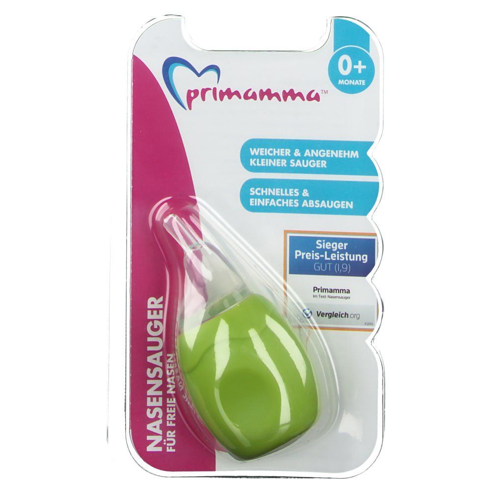 Aspirateur nasal vert pomme en emballage blister. Nom du produit et logo "primamma" visibles. Texte : "Pour les nez libres".