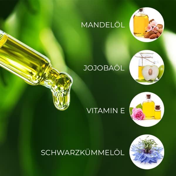 Graphique avec goutte et quatre ingrédients : huile d'amande, huile de jojoba, vitamine E et huile de cumin noir, avec images.