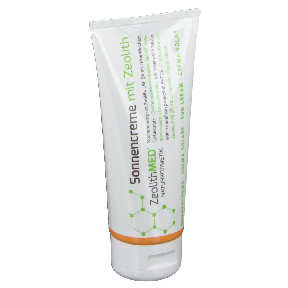 Tube de crème solaire ZeolithMED SPF 25. Blanc, accents verts et orange. Texte : Crème solaire avec zéolite, FPS 25.