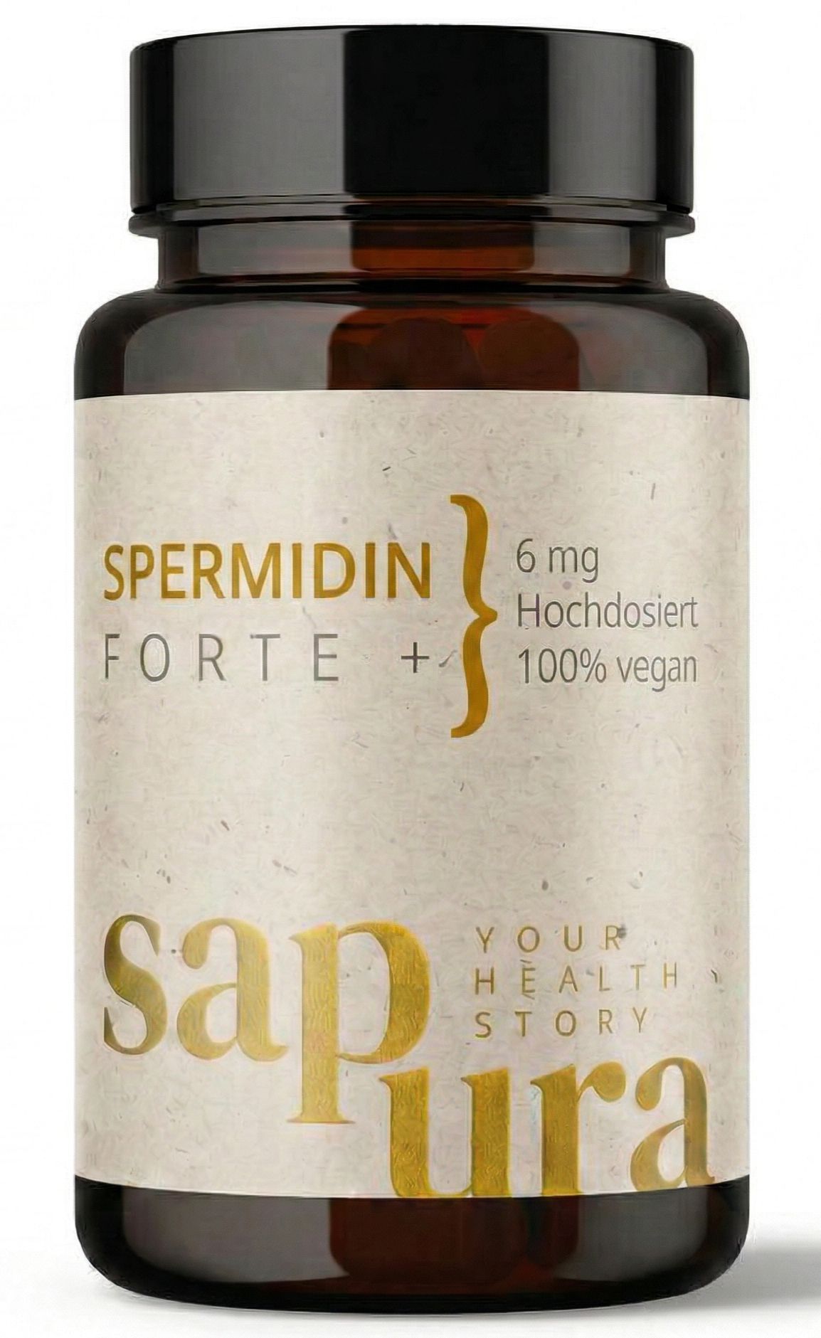 Flacon en verre brun avec capsules de spermidine. Inscription : Spermidine Forte +, 6 mg, 100% végétalien. Logo SAPURA. Étiquette blanche.