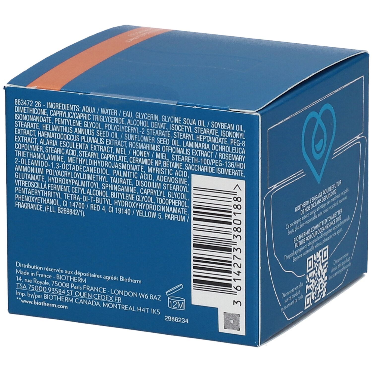 Dos de la boîte bleue avec ingrédients et code QR. BIOTHERM, symbole 12M, 50 ml.