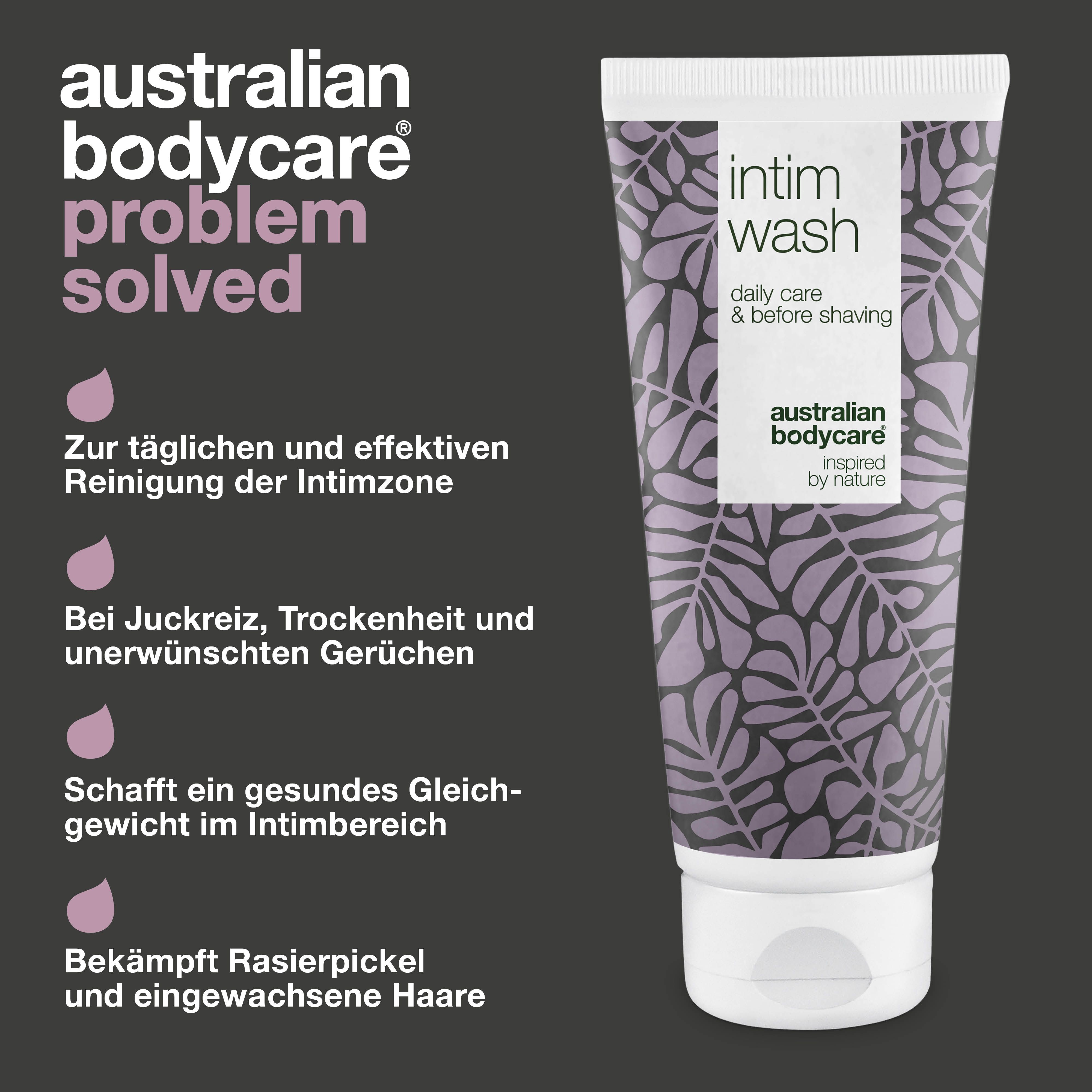 Tube mit Aufschrift: Intim Wash, daily care & before shaving. Marke: Australian Bodycare. Lösung: Intimseife.