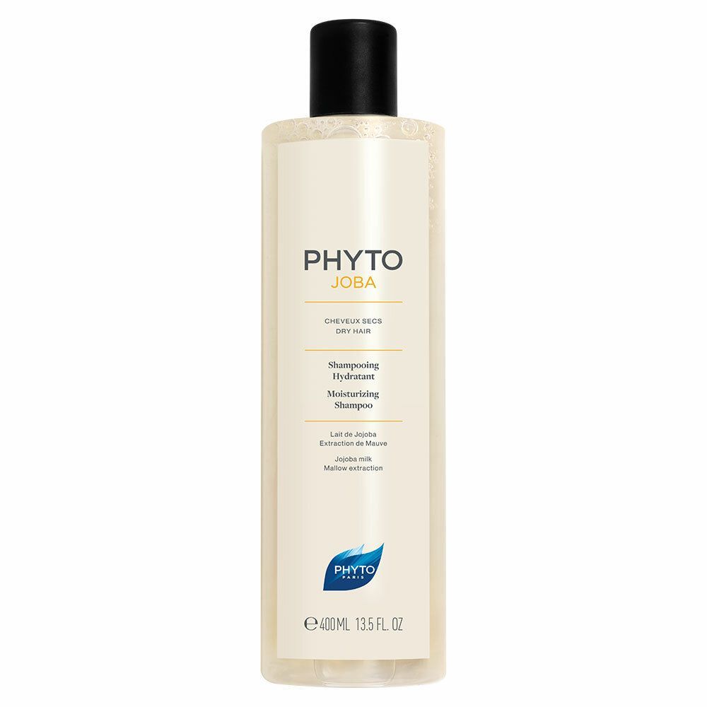 Flacon de shampooing beige à bouchon noir. Inscription: PHYTO JOBA, Cheveux Secs, Shampooing Hydratant, 400ml.