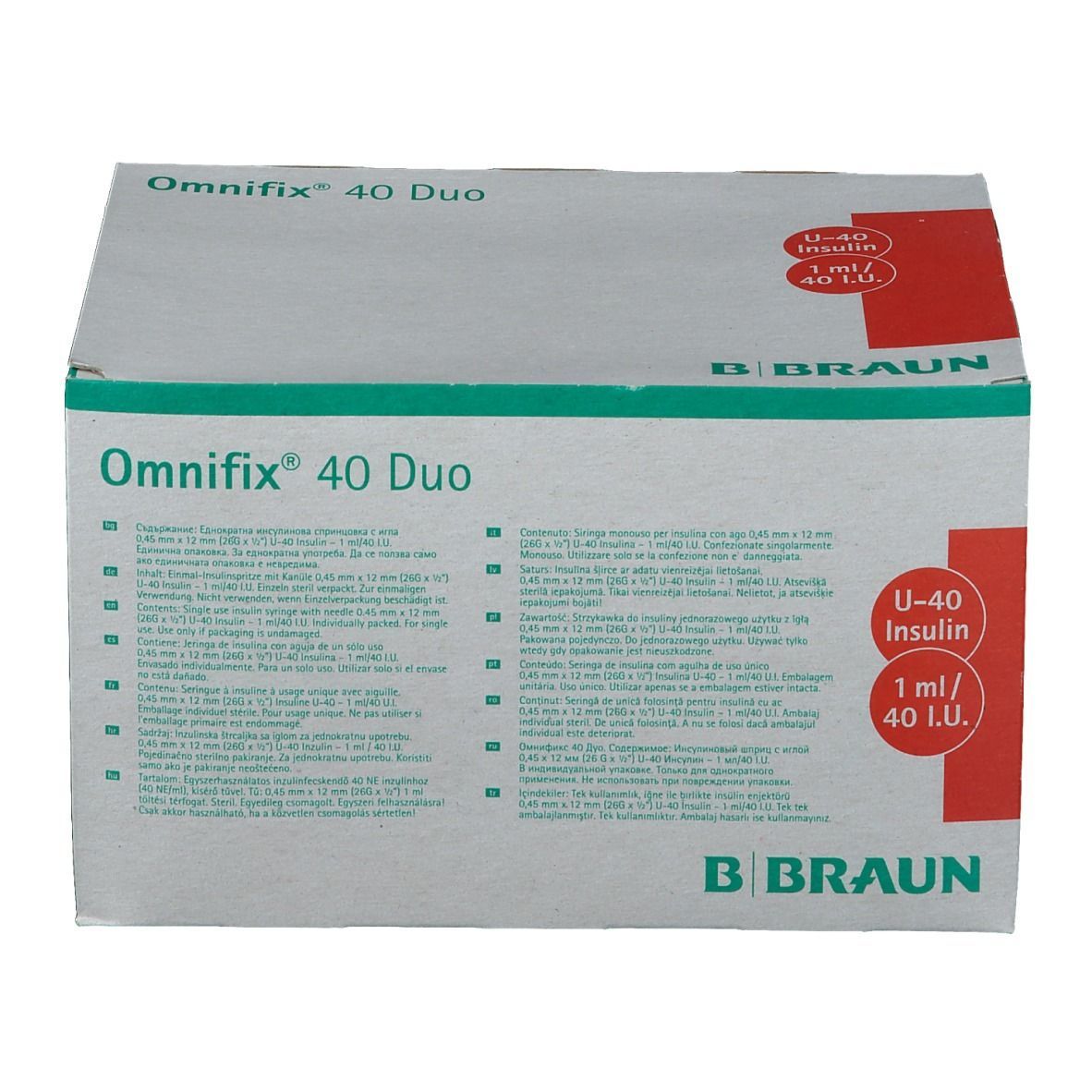 Boîte Omnifix 40 Duo. Carton gris-blanc avec marquage rouge. Texte: U-40 Insuline, 1 ml/40 UI. Logo B. Braun.