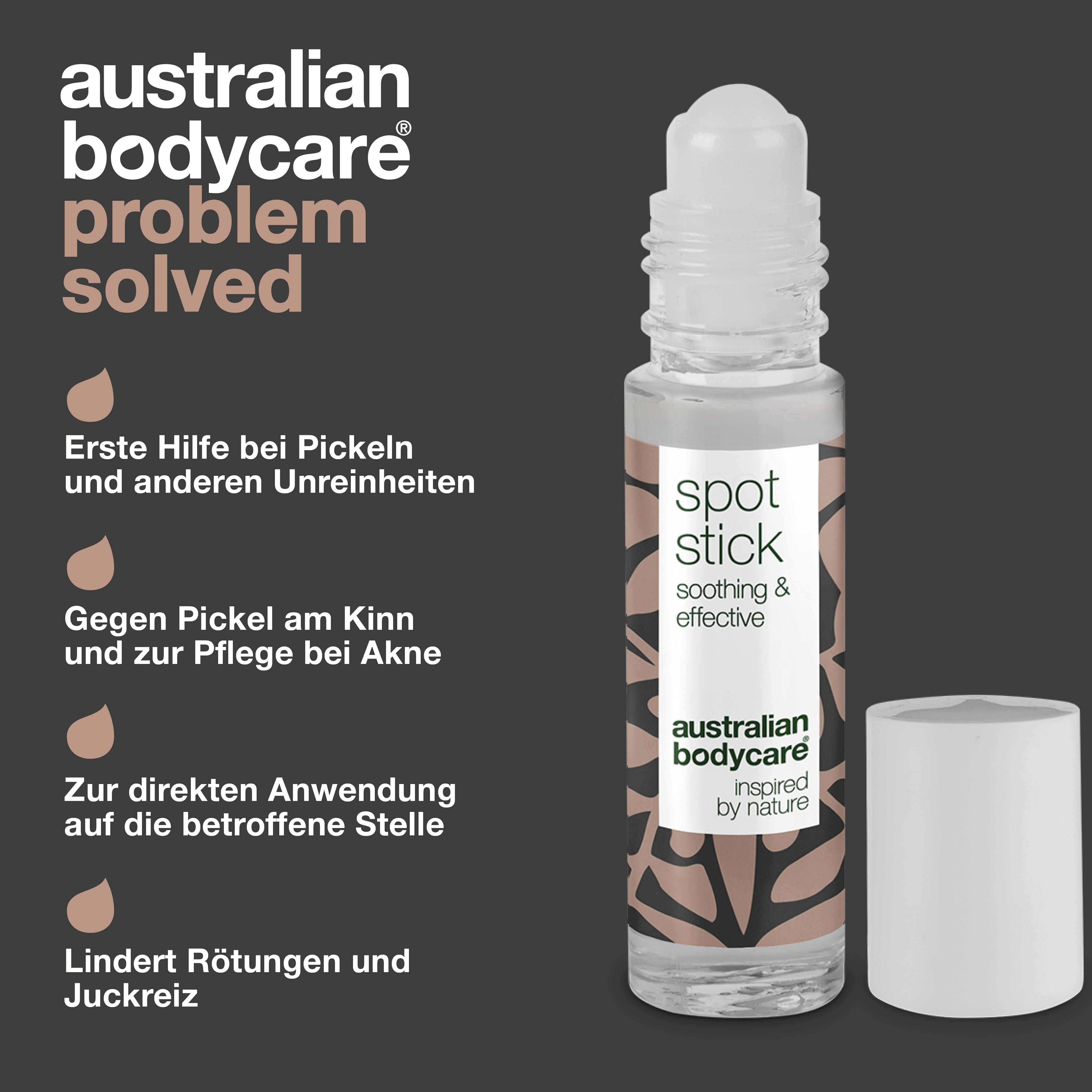 Roll-on-Stift mit weißem Deckel. Aufschrift: Spot Stick, soothing & effective, Australian Bodycare.