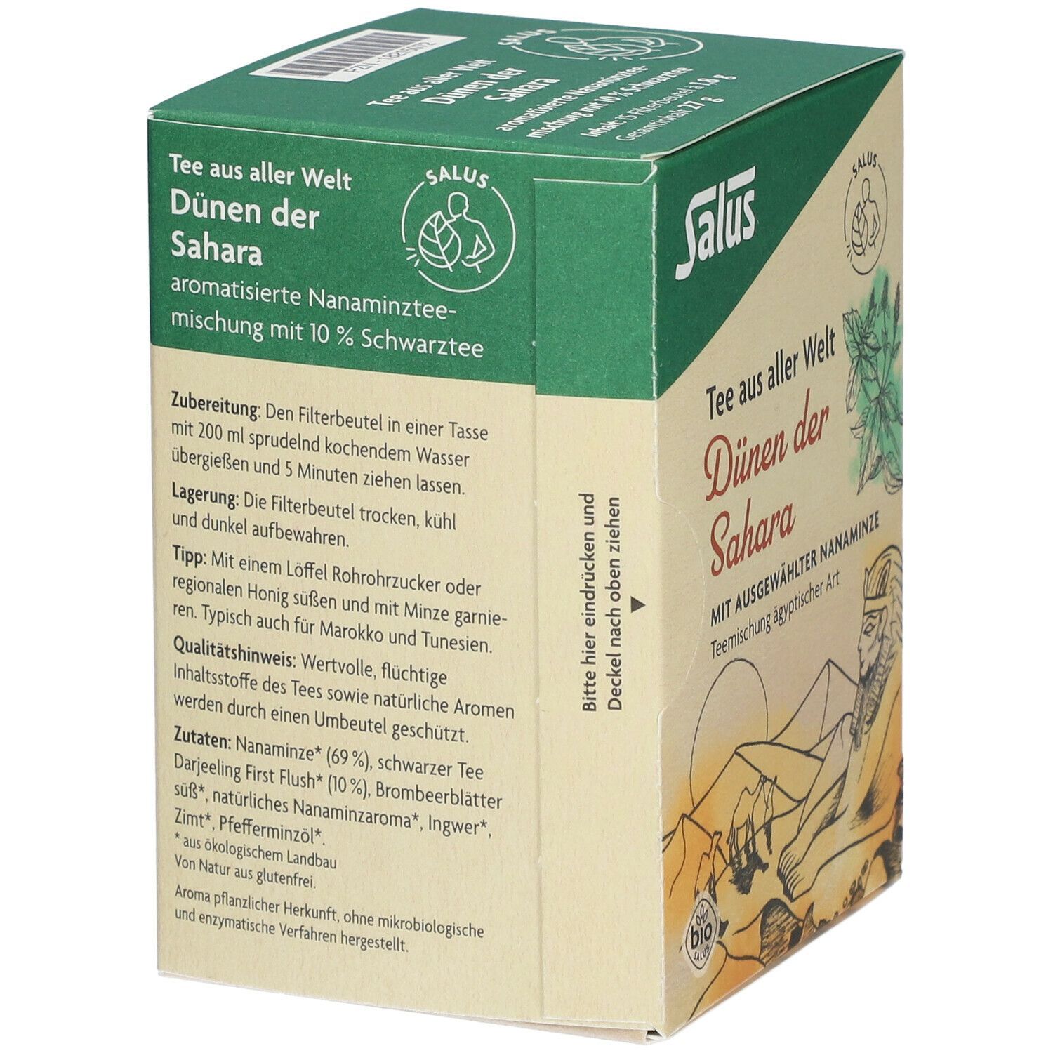 Boîte de thé Salus. Vue latérale : nom du produit, liste des ingrédients, instructions de préparation, logo, label bio.