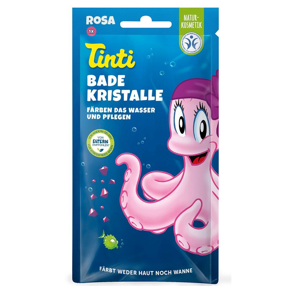 Sachet de cristaux de bain Tinti Rosa. Illustration d'une pieuvre rose. Texte : "Cristaux de bain", "Colore l'eau et prend soin". Label cosmétique naturelle.