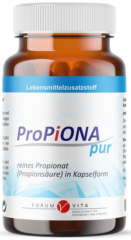 Flacon en verre brun avec bouchon blanc. Inscription: ProPiONA pur. Capsules visibles. Étiquette avec texte et logo.