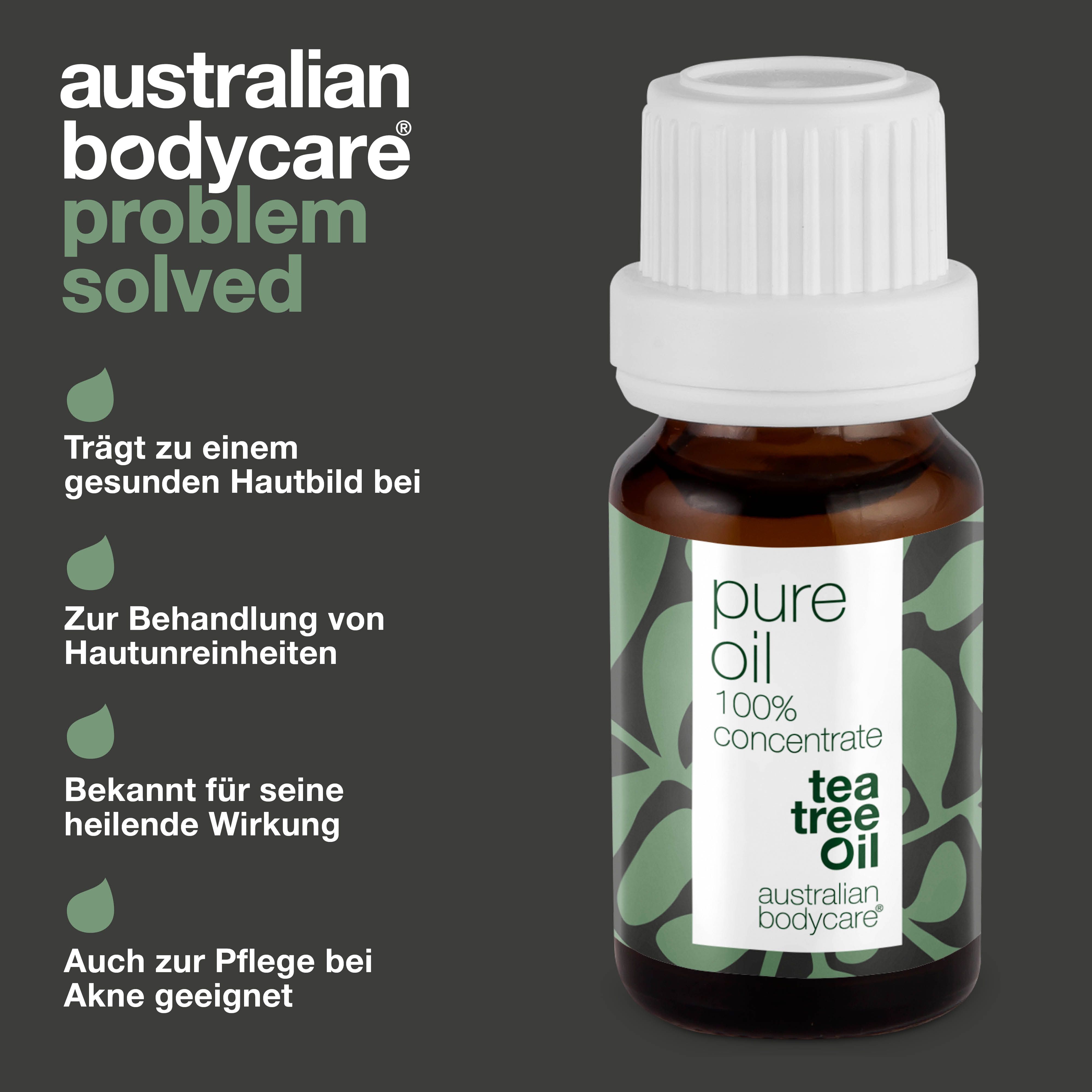 Bild mit Text: Problem, Lösung. Braune Flasche mit weißem Deckel. Text: Pure Oil, 100% concentrate, Tea Tree Oil.