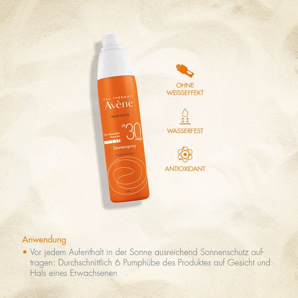 Flacon spray orange avec bouchon blanc. Inscription: Eau Thermale Avène, Sonnenspray SPF 30. Icônes: sans effet blanc, résistant à l'eau, antioxydant.