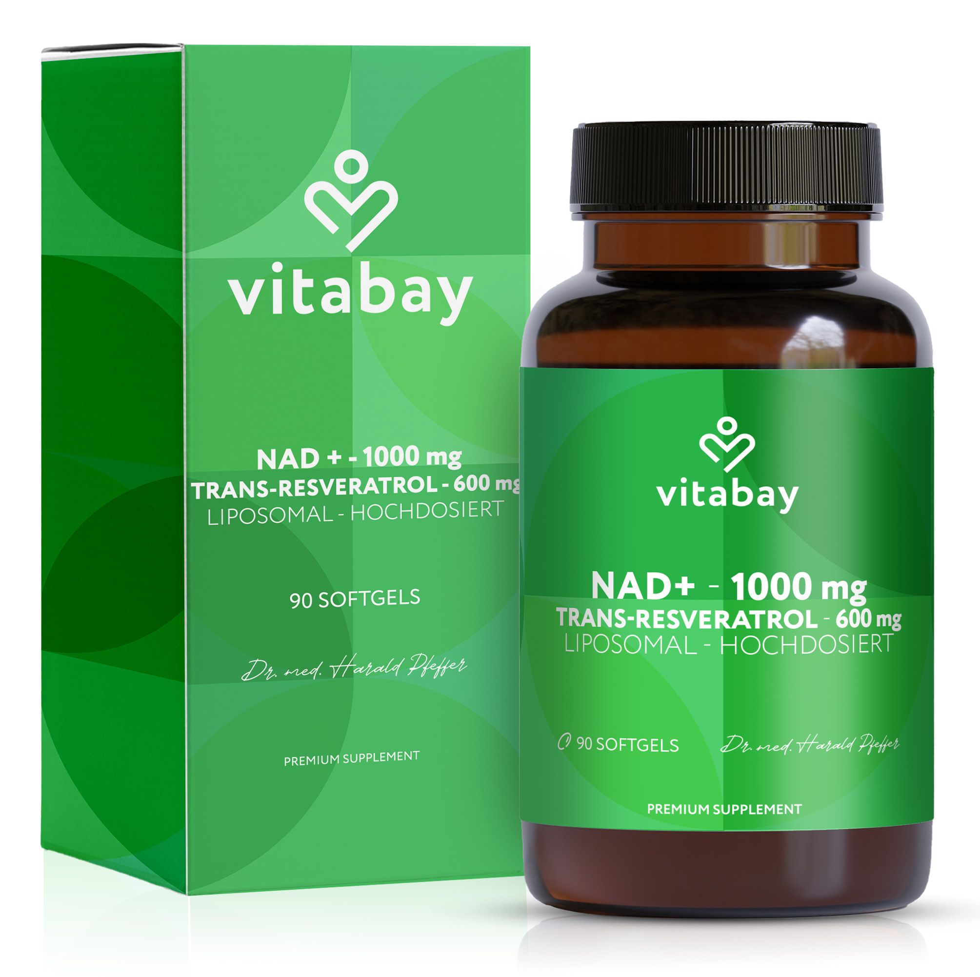 Vitabay-Produkt. Braune Flasche und grüne Schachtel. Enthält 90 Softgels. Text: NAD+ 1000 mg, Trans-Resveratrol 600 mg.