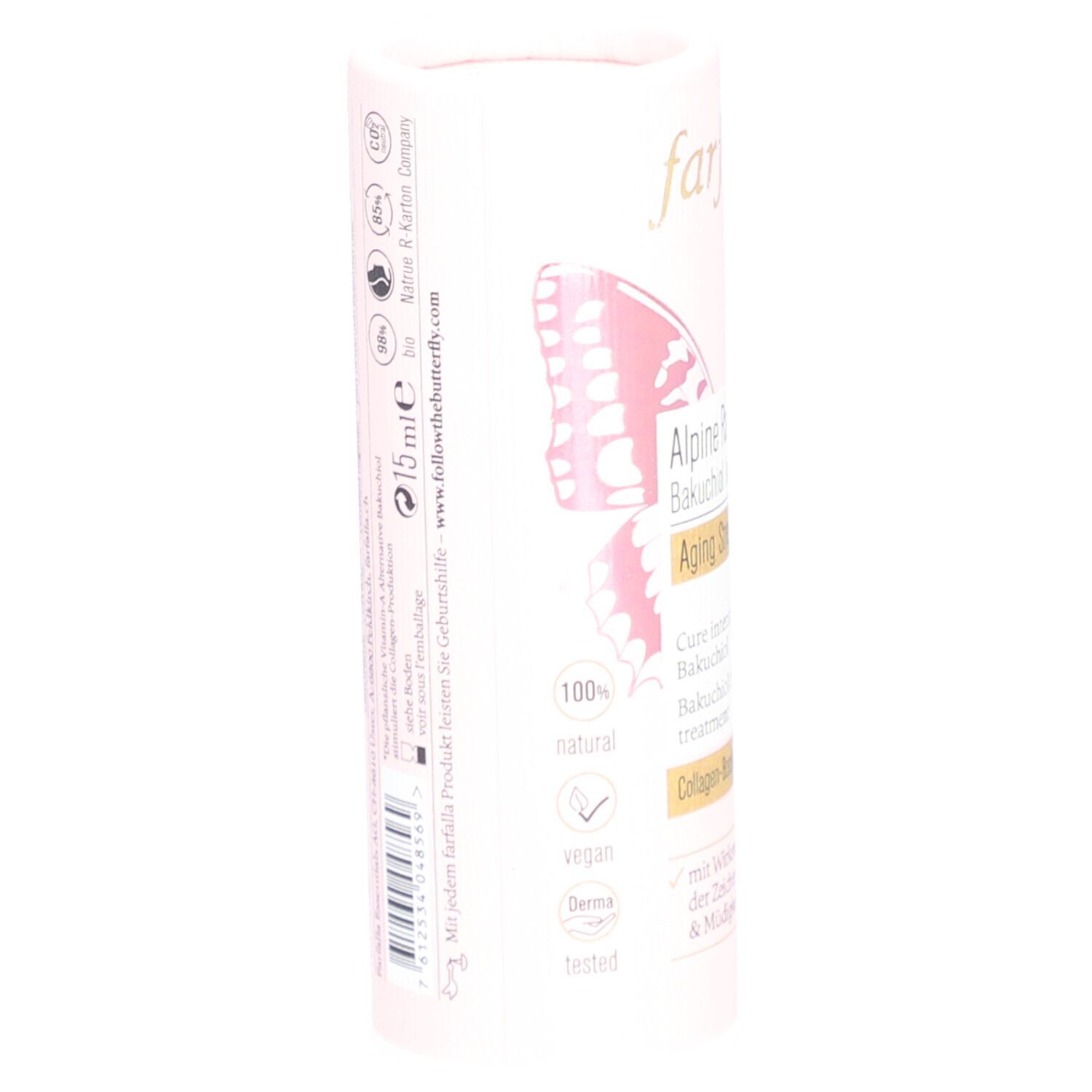 Rosa zylindrische Verpackung, Seitenansicht. Enthält Text, u.a. "100% natural", "vegan", und "Derma tested".