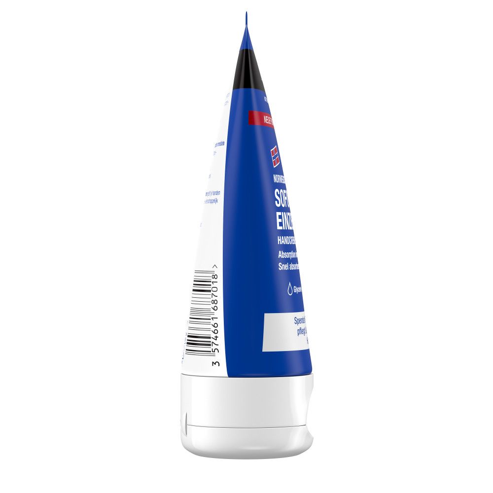 Seite der Handcreme-Tube. Text: Produktinformationen, Barcode, Kontaktinformationen.