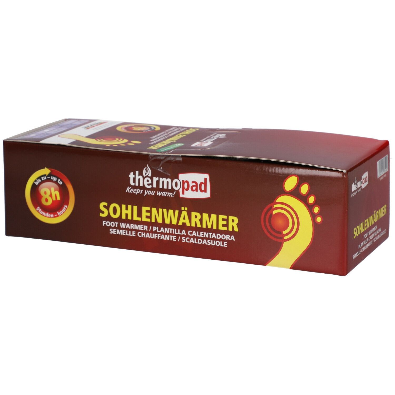 Braune Verpackung mit thermopad® Sohlenwärmer. Aufdruck: Sohlenwärmer, Fußabdruck, 8h Wärme. Logo und Produktbezeichnung.