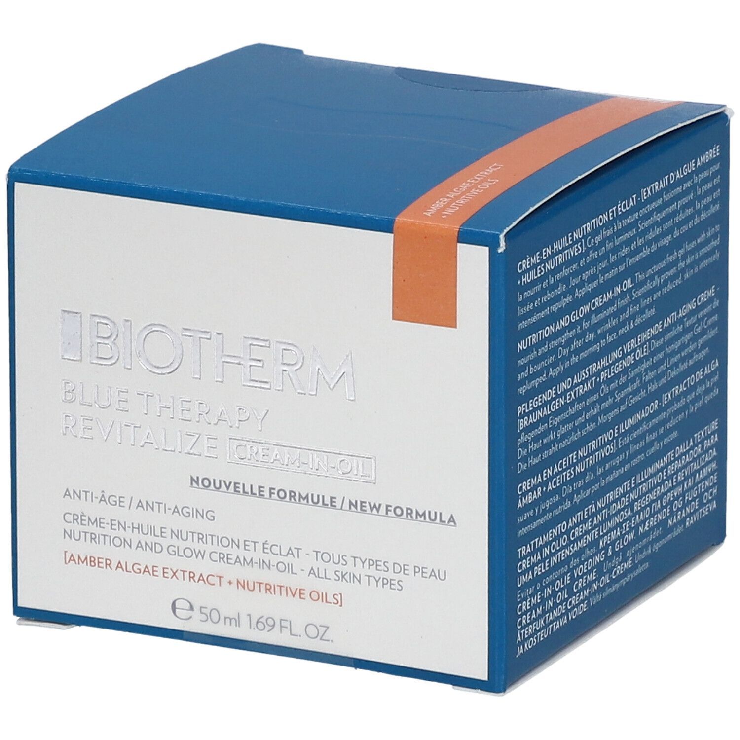 Boîte bleue avec informations produit. BIOTHERM Blue Therapy Revitalize Cream-In-Oil. Nouvelle formule. 50 ml.