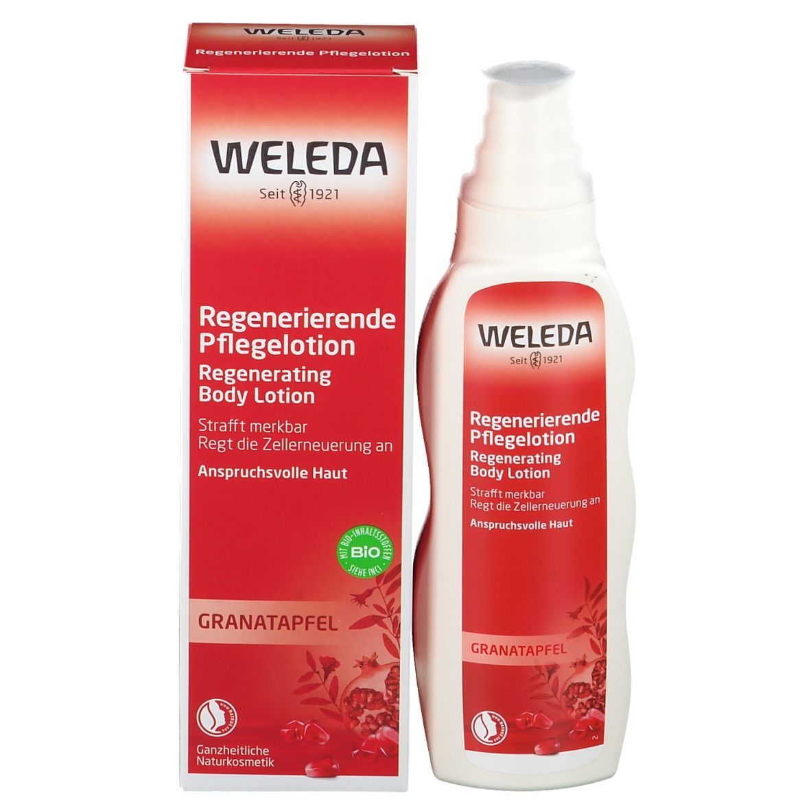 Weleda lotion et emballage. Bouteille et boîte. Emballage rouge avec informations.