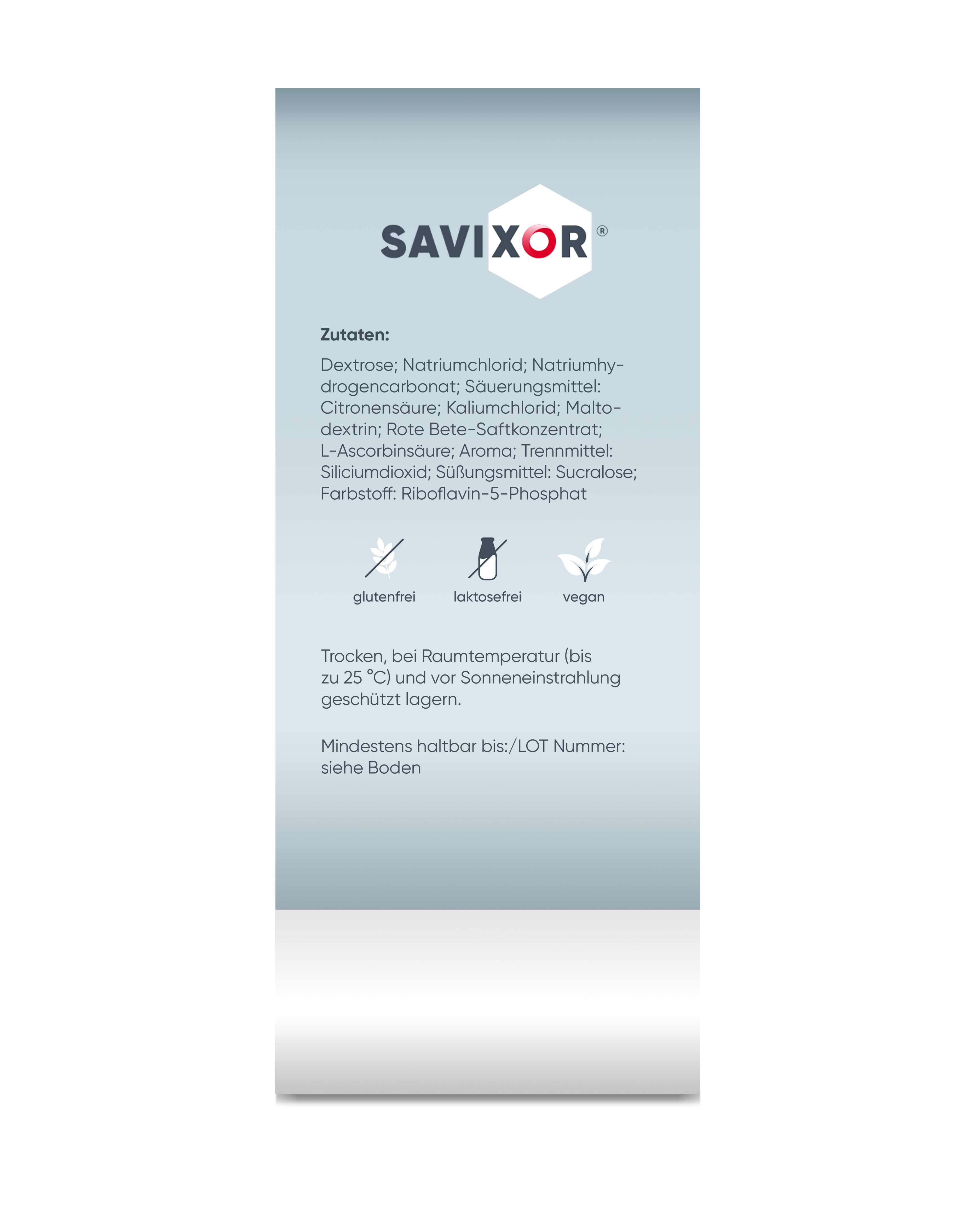 Savixor-Produktverpackung. Zutatenliste: Dextrose, Natriumchlorid, Säuerungsmittel, etc. Glutenfrei, laktosefrei, vegan.