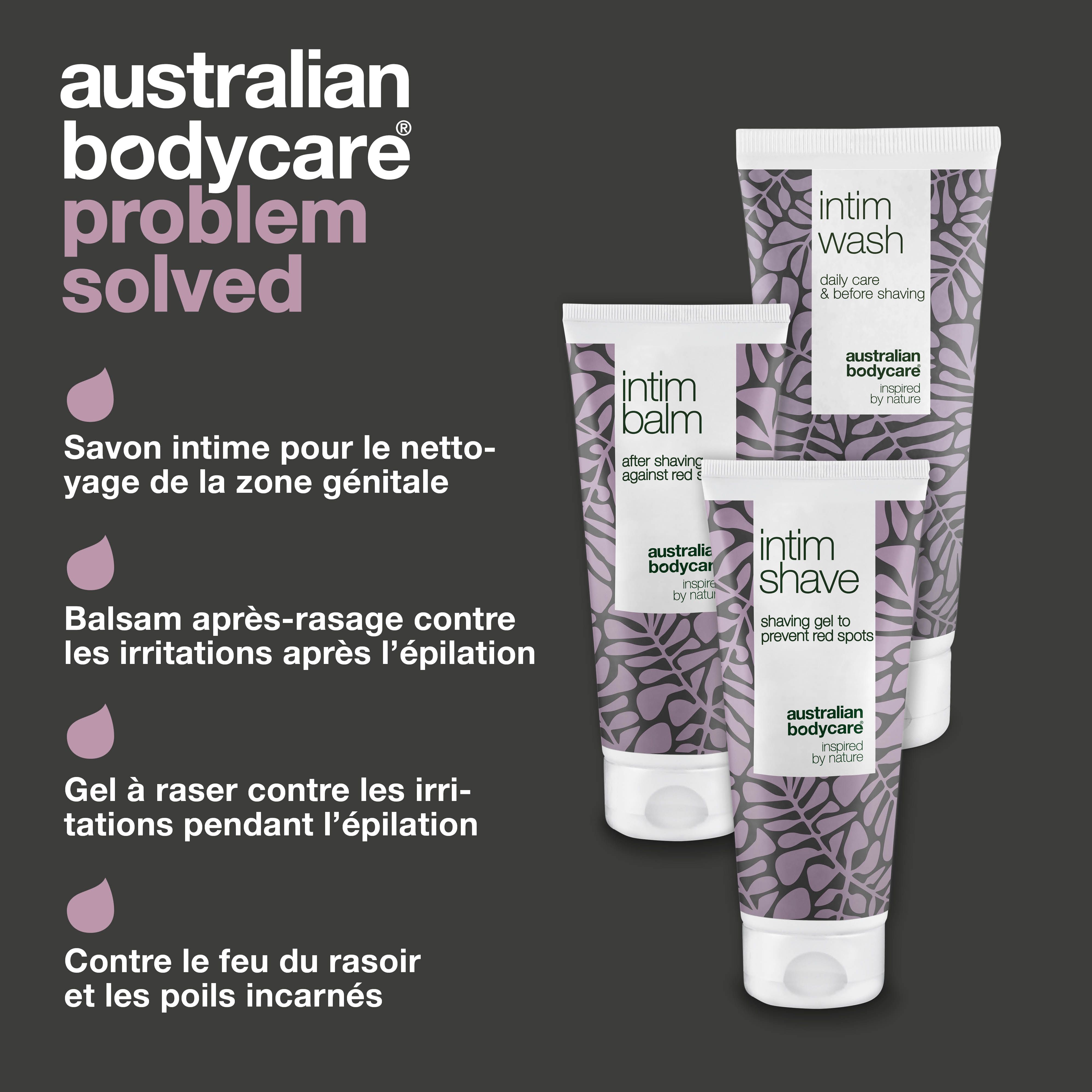Trois produits : gel lavant, baume et gel à raser. Le texte décrit les avantages des produits.
