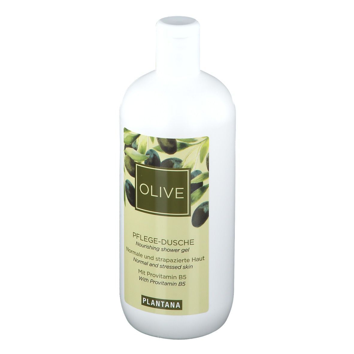 Weiße Flasche mit Etikett. Aufschrift: OLIVE, Pflege-Dusche. Mit Provitamin B5. PLANTANA.