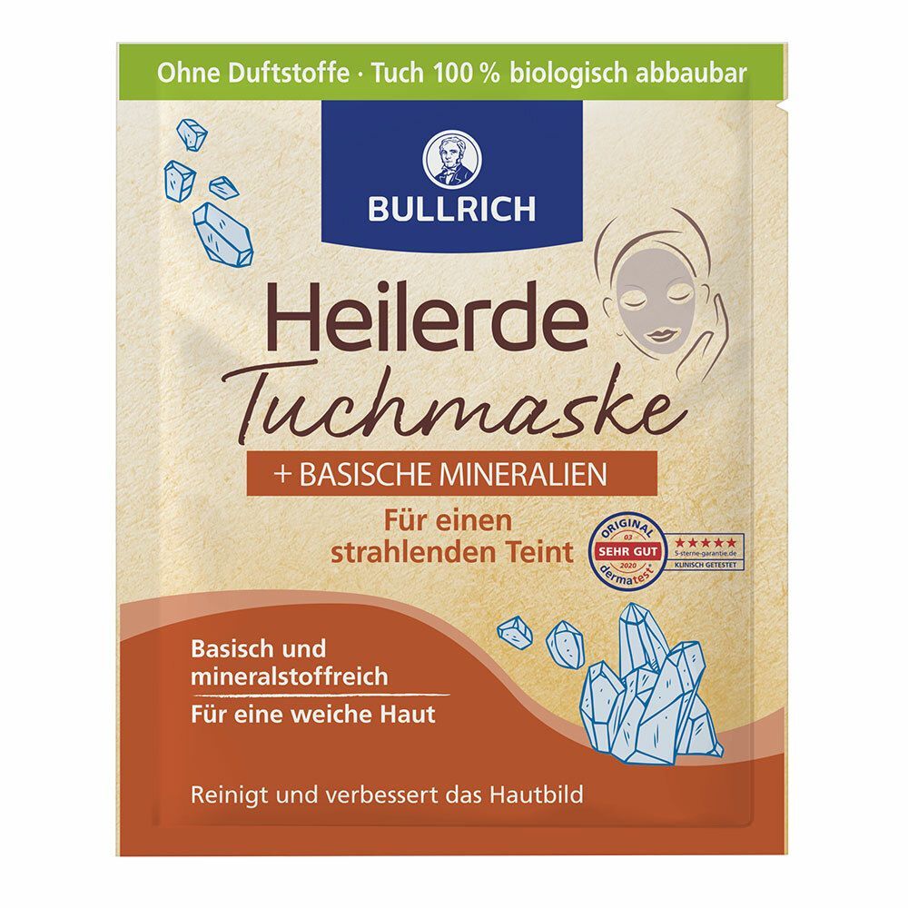 Emballage de masque en tissu avec nom et logo du produit. Texte : Heilerde Tuchmaske + basische Mineralien. Certifications.
