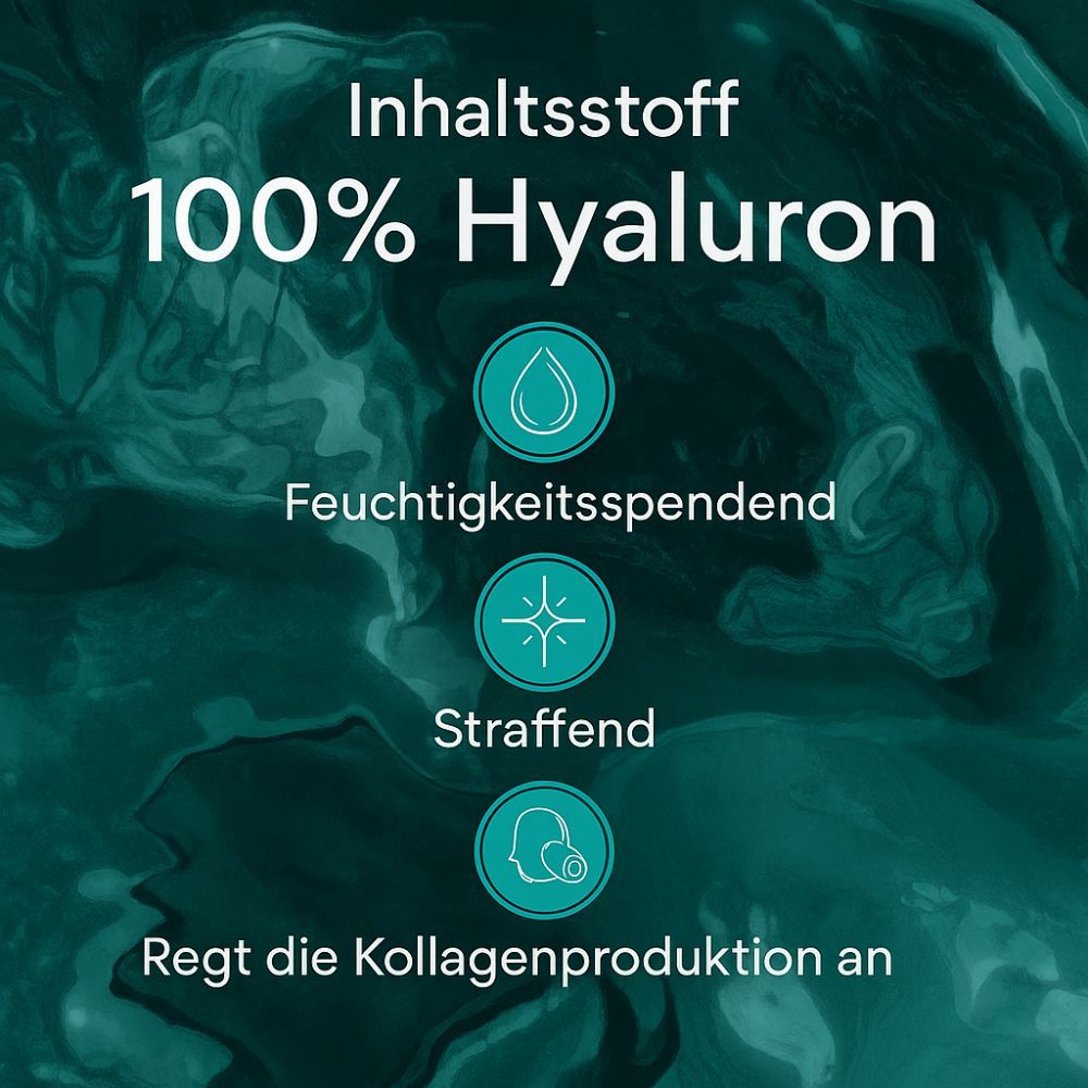 Grafik mit Text: Inhaltsstoff 100% Hyaluron. Eigenschaften: feuchtigkeitsspendend, straffend, regt die Kollagenproduktion an.