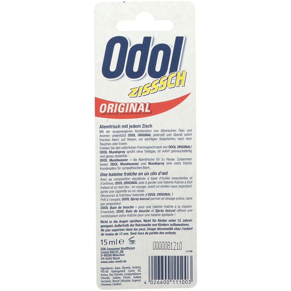 Rückseite der Odol® Mundspray-Verpackung. Text in Deutsch und Französisch. Logo und Produktbezeichnung.