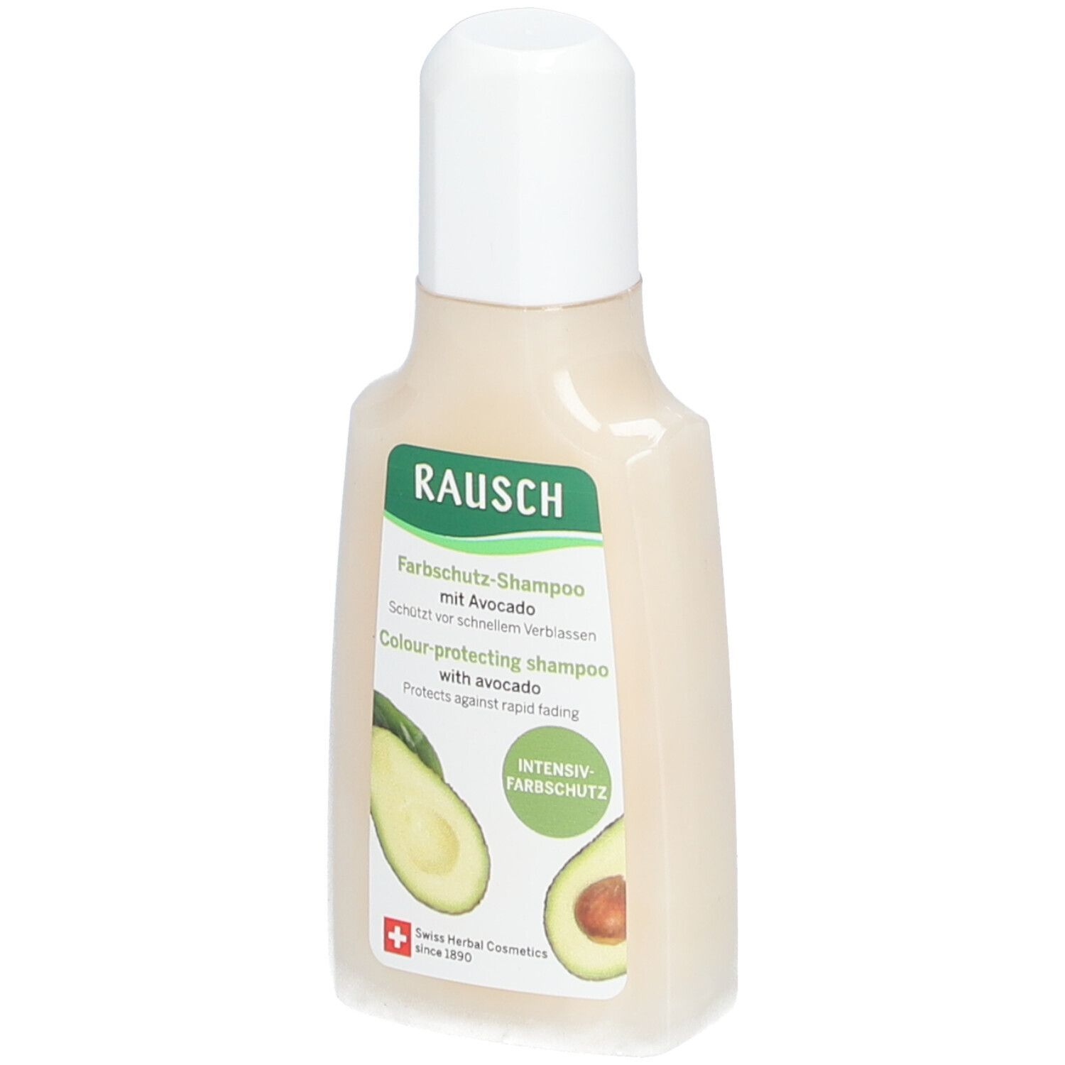 Shampoo-Flasche mit weißem Deckel. Grün-weißes Etikett mit Text: RAUSCH Farbschutz-Shampoo mit Avocado. Avocado-Illustration.