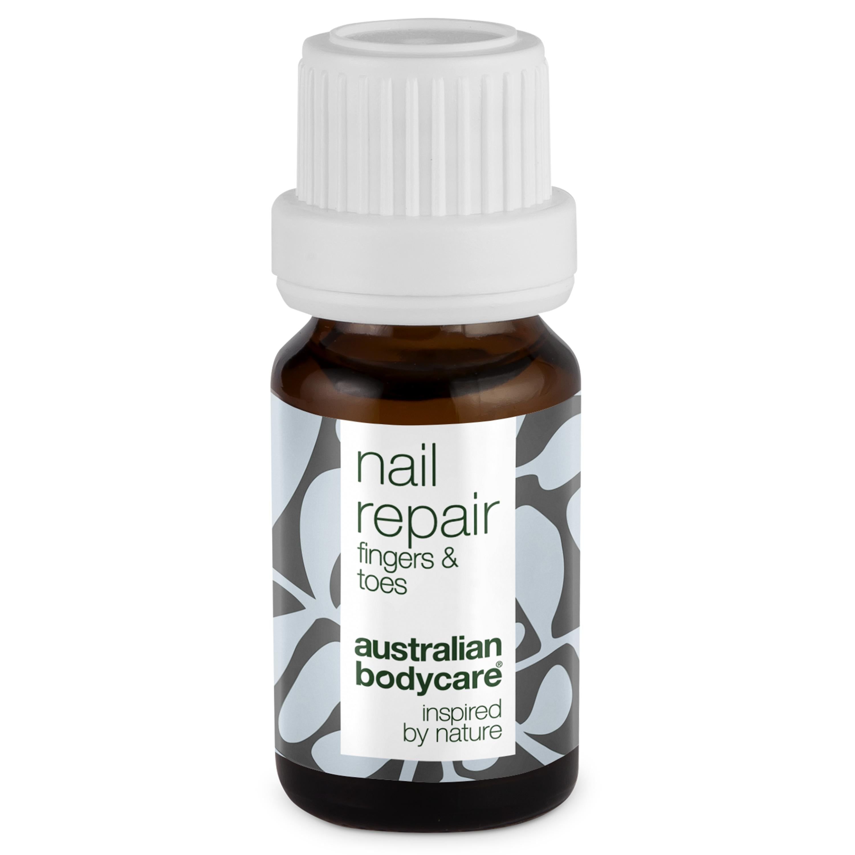 Flacon brun, bouchon blanc. Inscription: nail repair fingers & toes. Marque: Australian Bodycare.