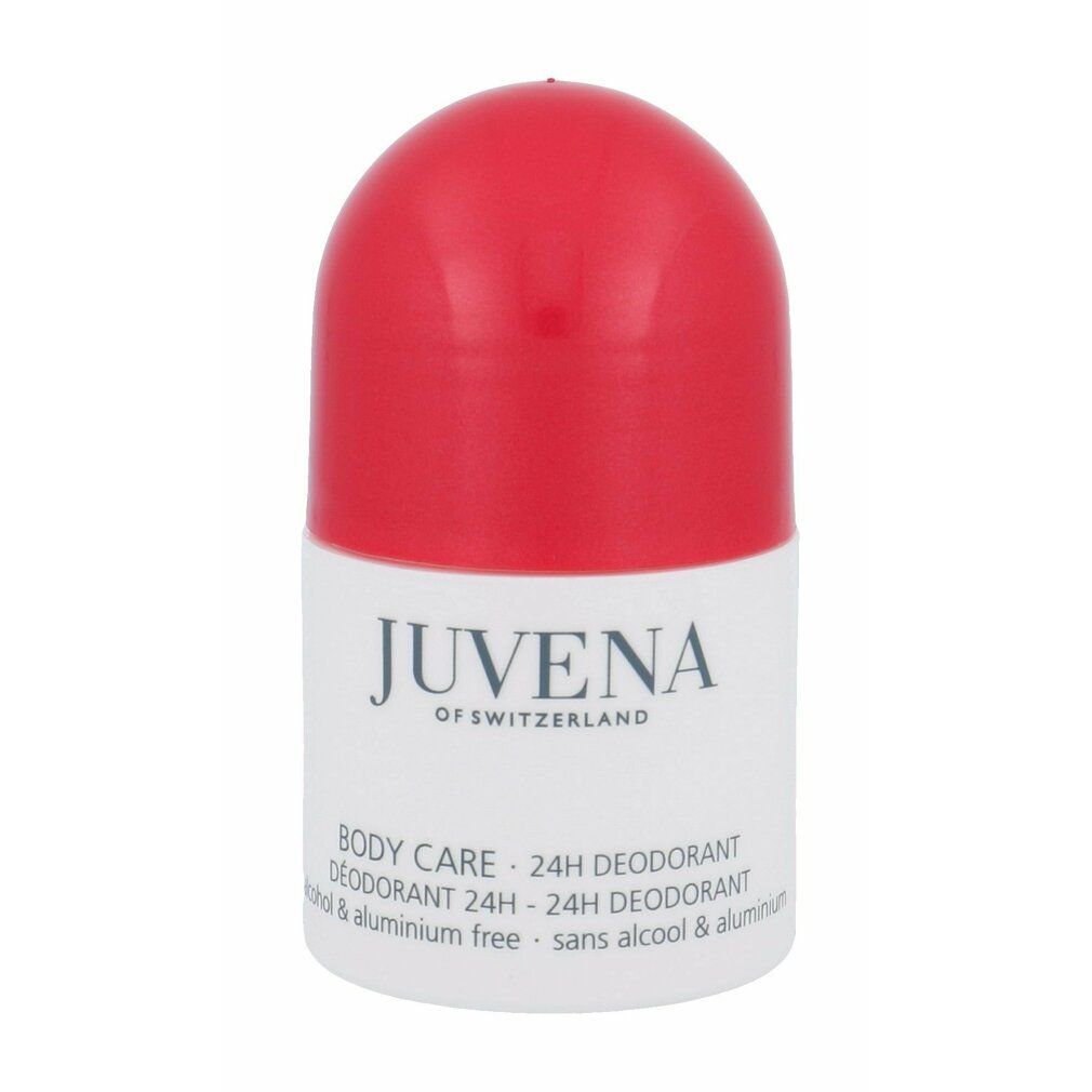 Weißer Roll-on-Deo mit rotem Deckel. Aufschrift: Juvena, Body Care, 24h Deodorant. Ohne Alkohol & Aluminium.
